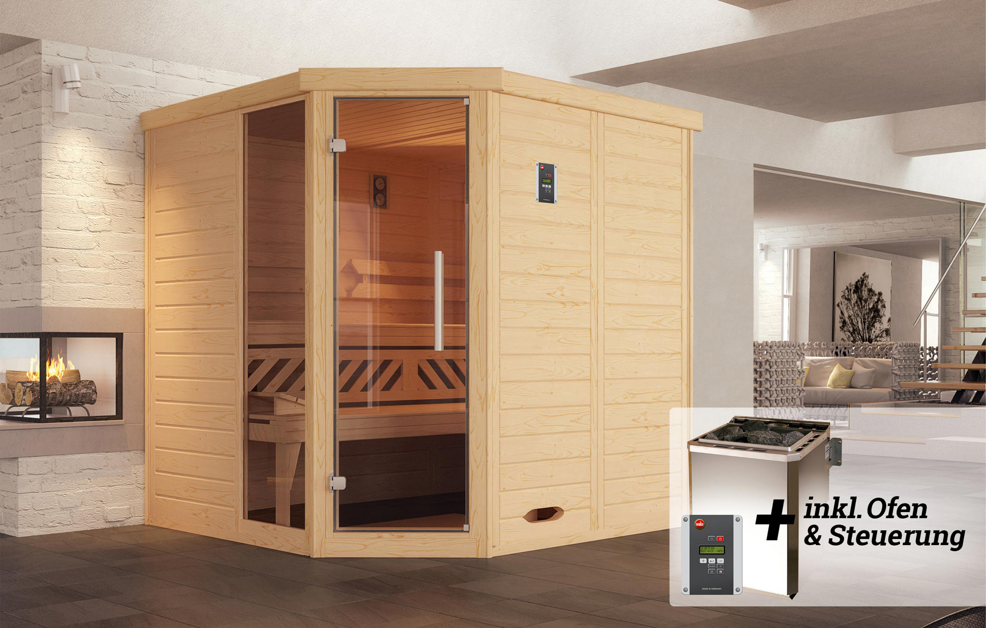 Weka Massivholz-Elementsauna 'Kemi 2 Eck' mit 7,5 kW BioS-Ofenset, Steuerung, Glastür, Fenster 188 x 188 x 200 cm