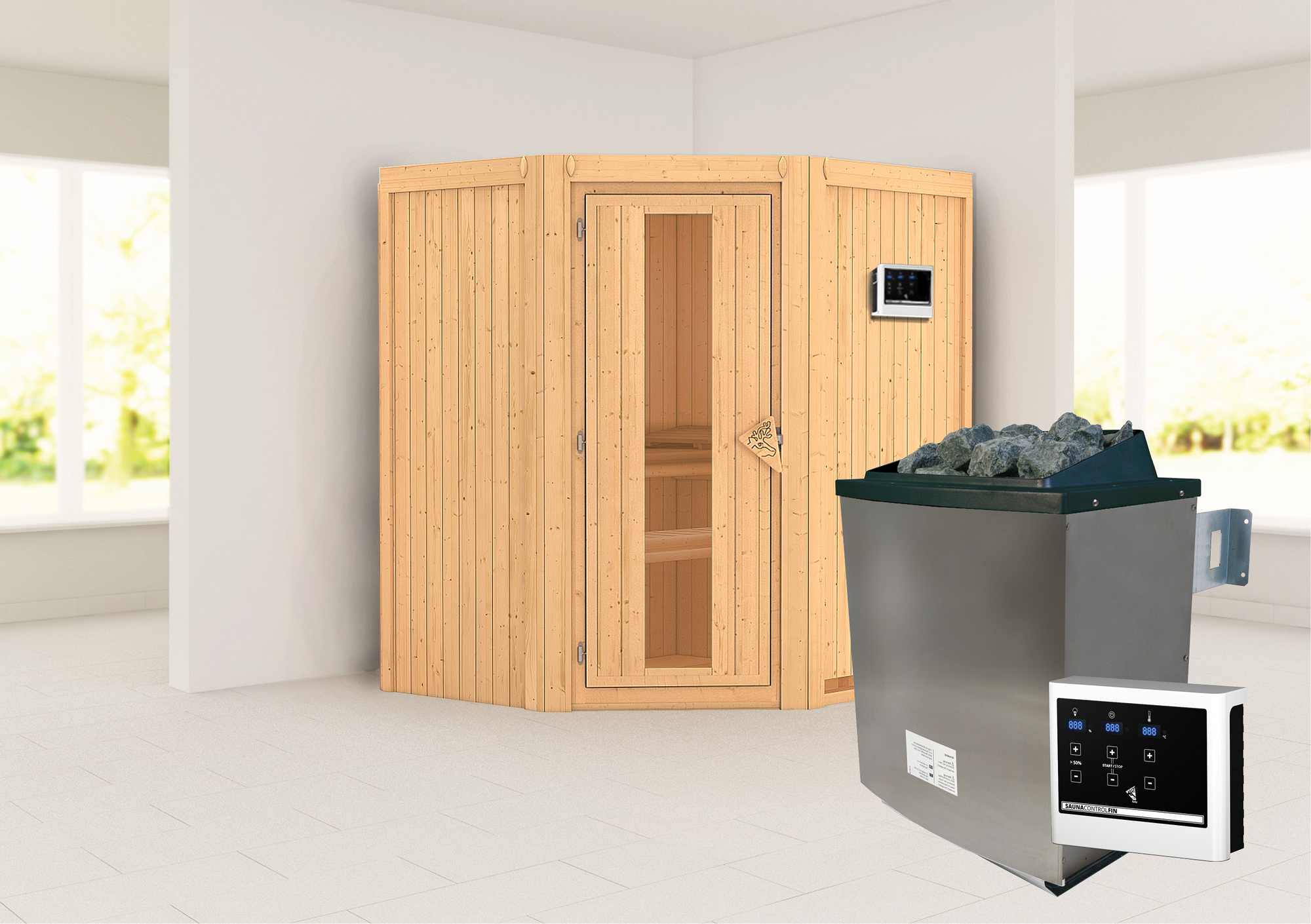 Karibu Elementsauna 'Adriana' naturbelassen mit Energiespartür 9 kW Ofen externe Steuerung Easy 170 x 151 x 198 cm