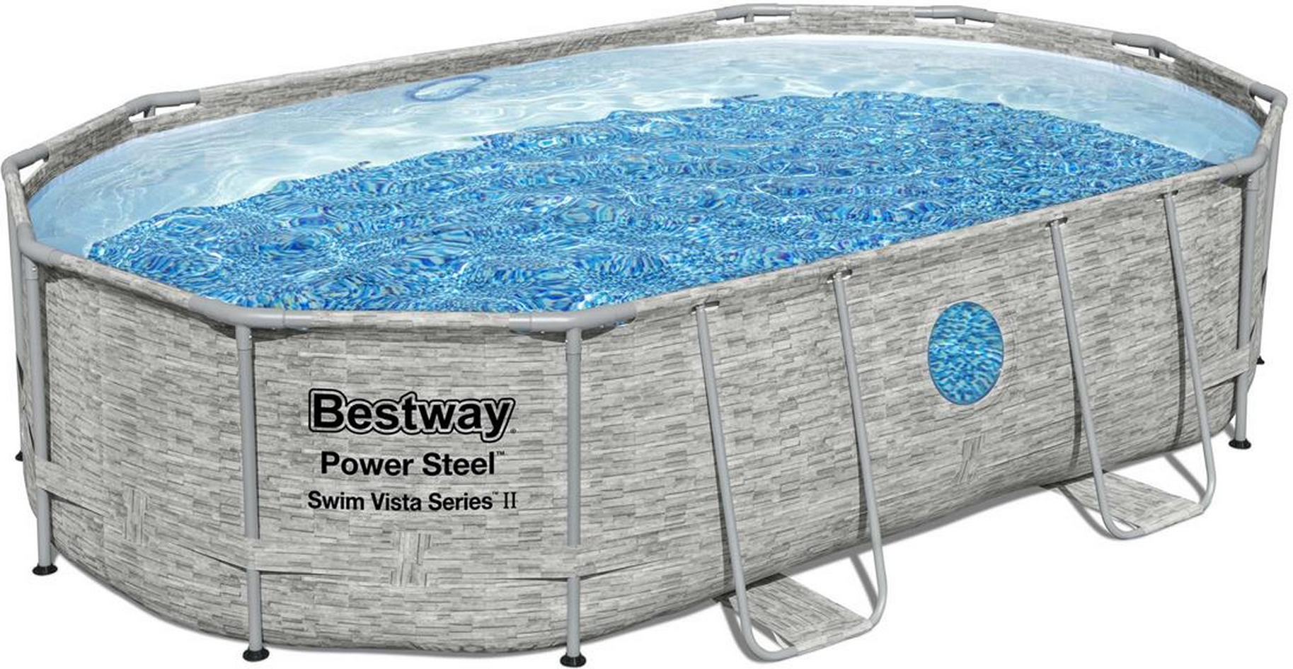 Bestway Aufstellpool 'Power Steel™ Swim Vista Series™' Komplett-Set mit Sandfilteranlage cremegrau Steinwand-Optik oval ...
