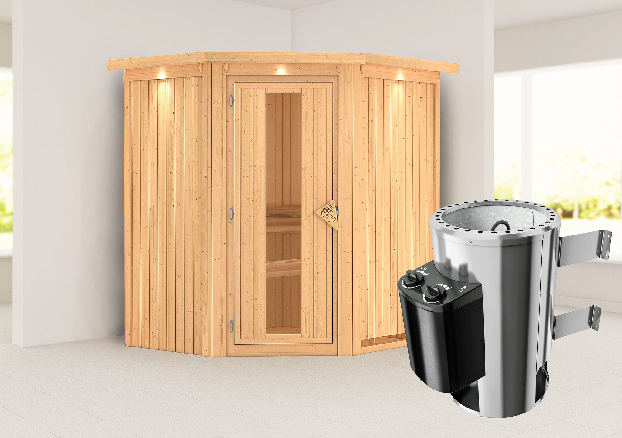 Karibu Elementsauna 'Emma' naturbelassen mit Energiespartür und Kranz 3,6 kW Ofen integrierte Steuerung 184 x 165 x 202 ...