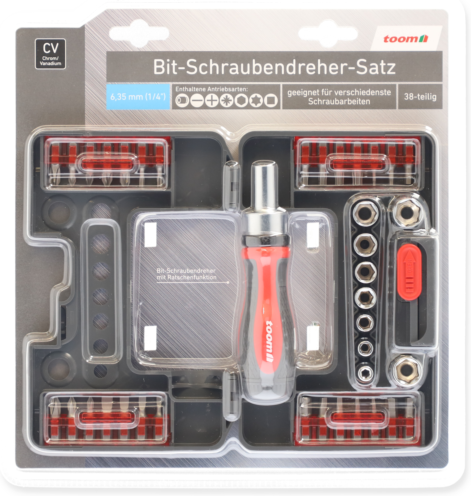 toom Bit-Schraubendreher-Satz 1/4" SL/PH/PZ/HEX/T/4-Kant 38-teilig