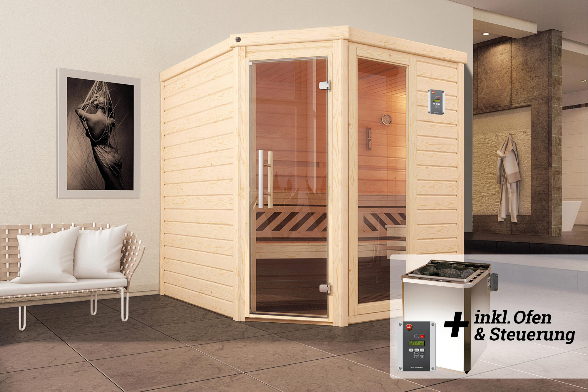 Weka Premium-Massivholz-Sauna 'Turku 2 Eck' mit 7,5 kW BioS-Ofenset, Steuerung, Glastür, Fenster 188 x 188 x 205 cm