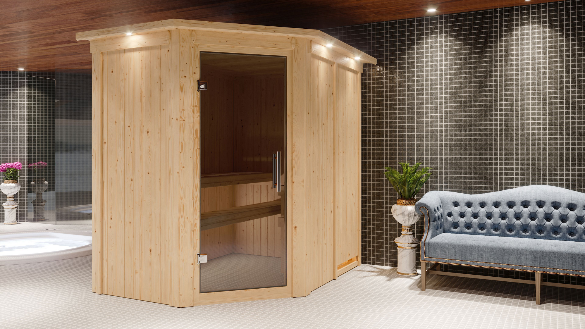 Karibu Elementsauna 'Alba' naturbelassen mit Kranz und graphitfarbener Tür 9 kW Ofen externe Steuerung Easy 165 x 210 x ...