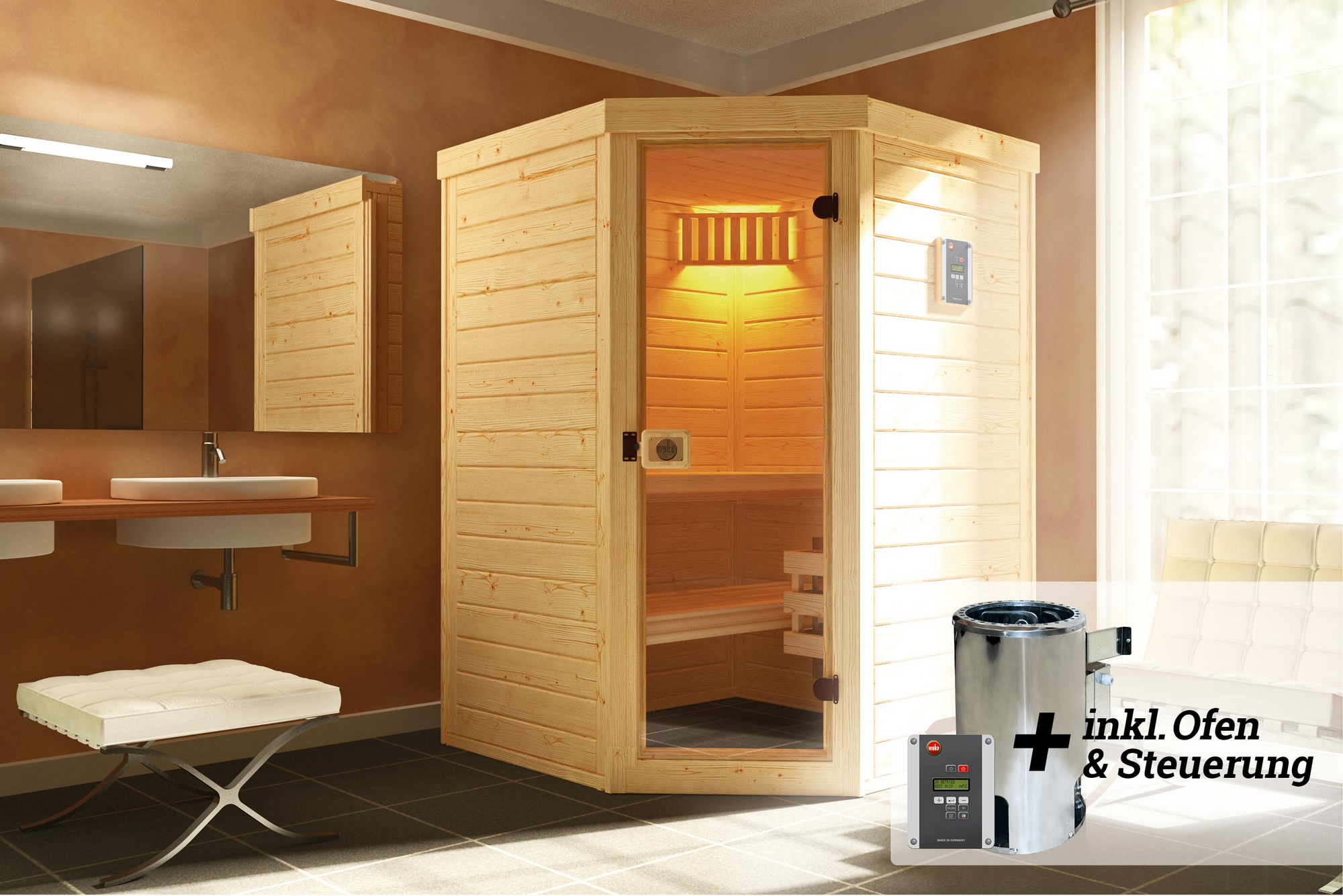 Weka Massivholz-Elementsauna 'Laukkala 1' mit 3,6 kW OS-Ofenset, Steuerung, Glastür 138,6 x 138,6 x 200 cm