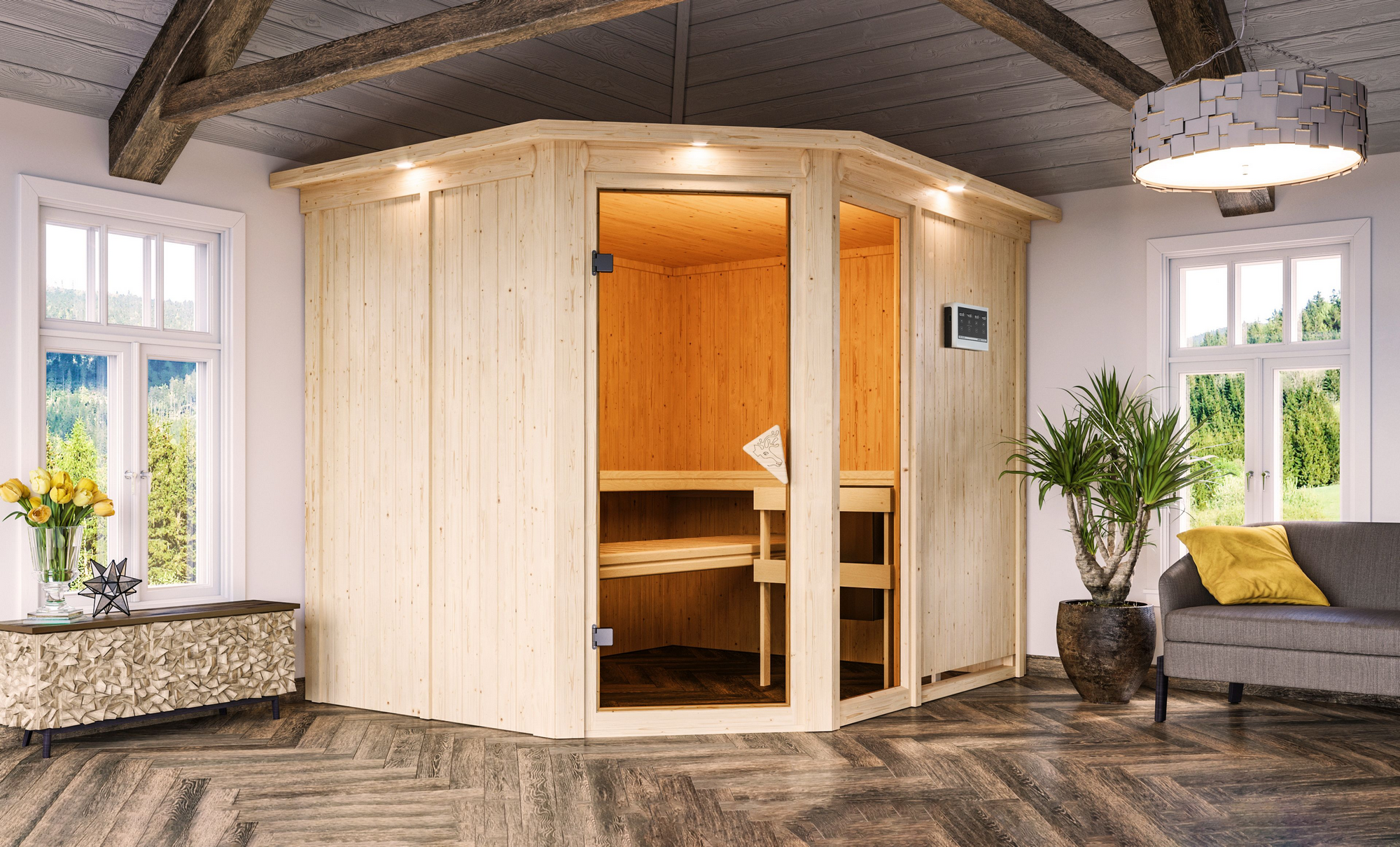 Karibu Elementsauna 'Almara 3' naturbelassen mit Kranz und bronzierter Tür 9 kW Bio-Ofen externe Steuerung Easy 245 x 21...