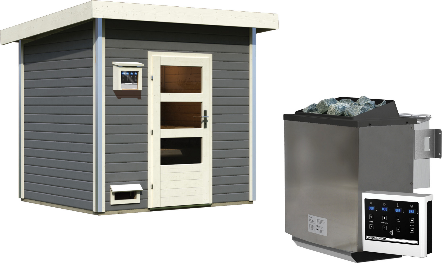 Karibu Saunahaus 'Norge' terragrau 9 kW Bio-Ofen, Steuerung Easy 231 x 196 x 238 cm