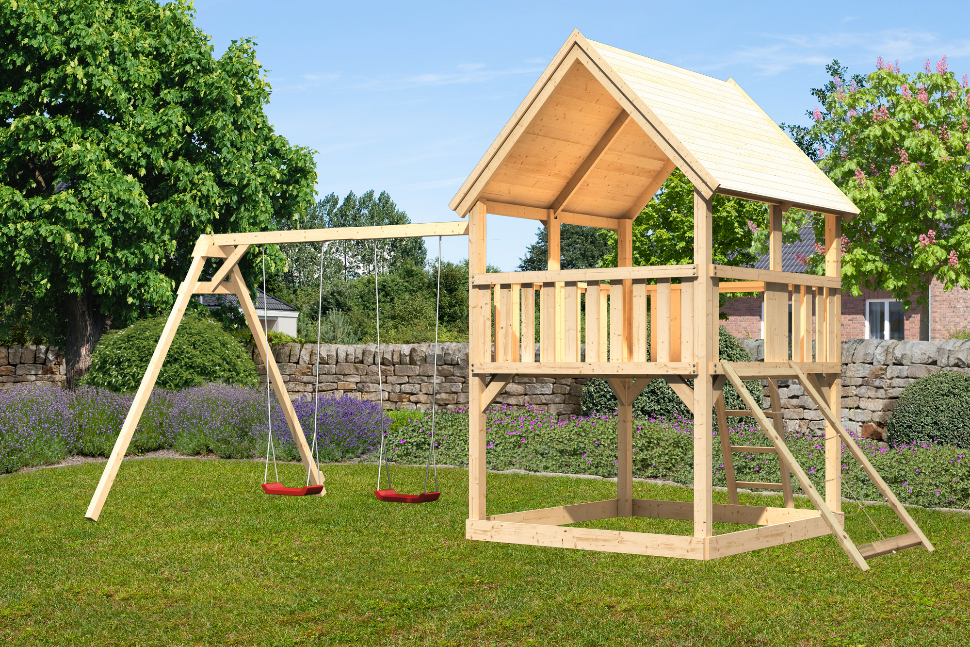 Karibu Spielturm 'Luis' naturbelassene nordische Fichte 200 x 345 x 200 cm