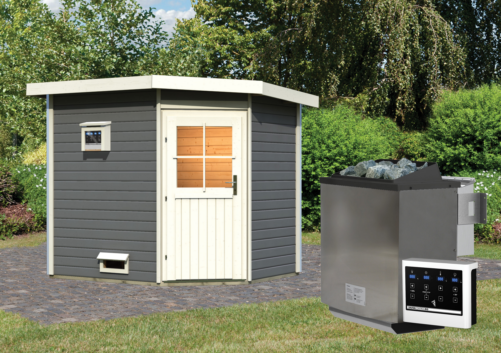 Karibu Saunahaus 'Mikka' terragrau mit klassischer Tür 9 kW Bio-Ofen externe Steuerung Easy 231 x 196 x 226 cm