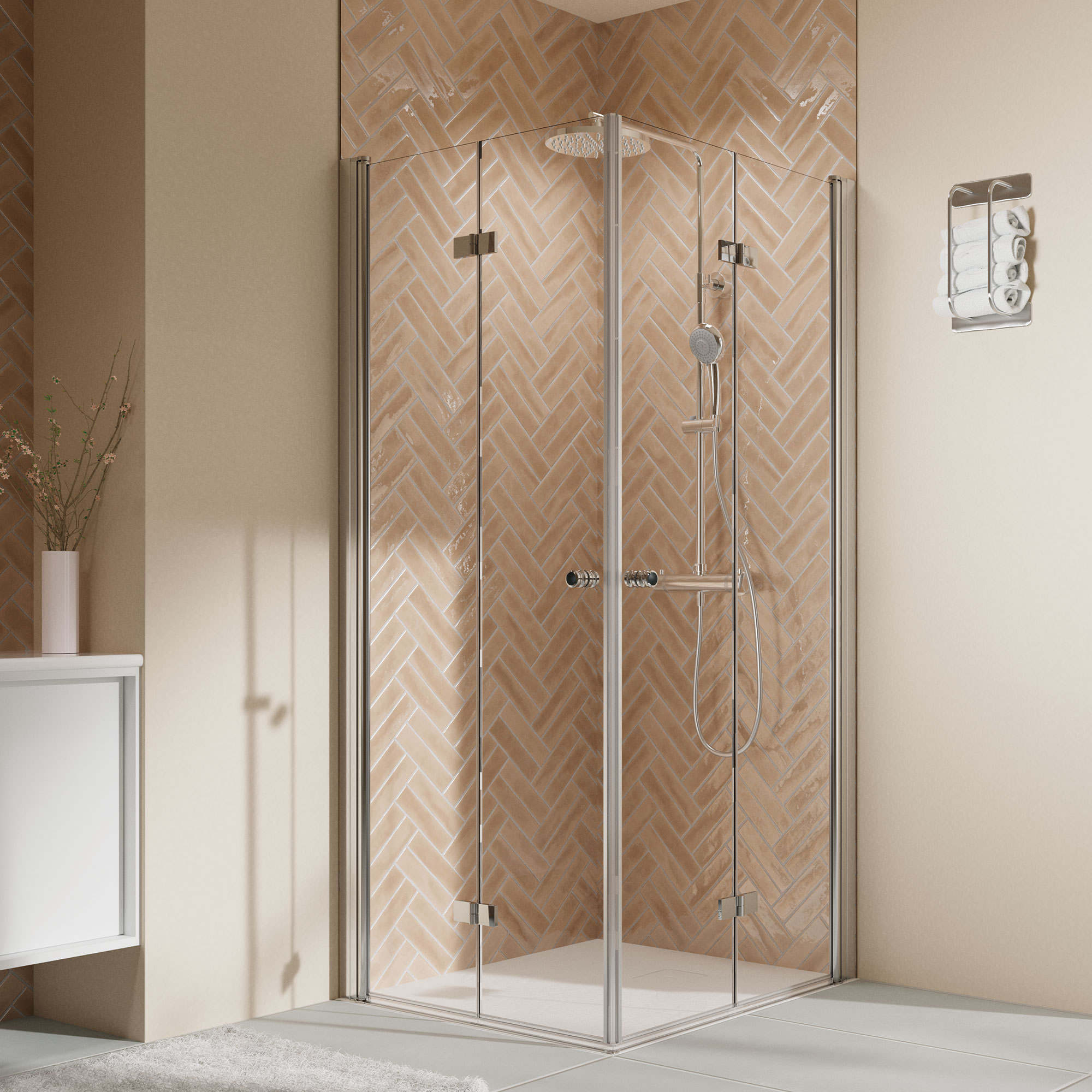 Breuer Eckeinstieg mit Drehfalttür 'Elana 2.0' rund 4-teilig, Alu silbermatt, Klarglas hell, 80/80 cm