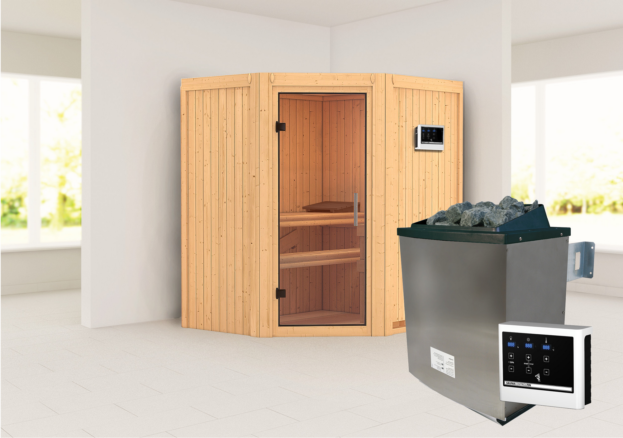 Karibu Elementsauna 'Adriana' naturbelassen mit Klarglastür 9 kW Ofen externe Steuerung easy 170 x 151 x 198 cm