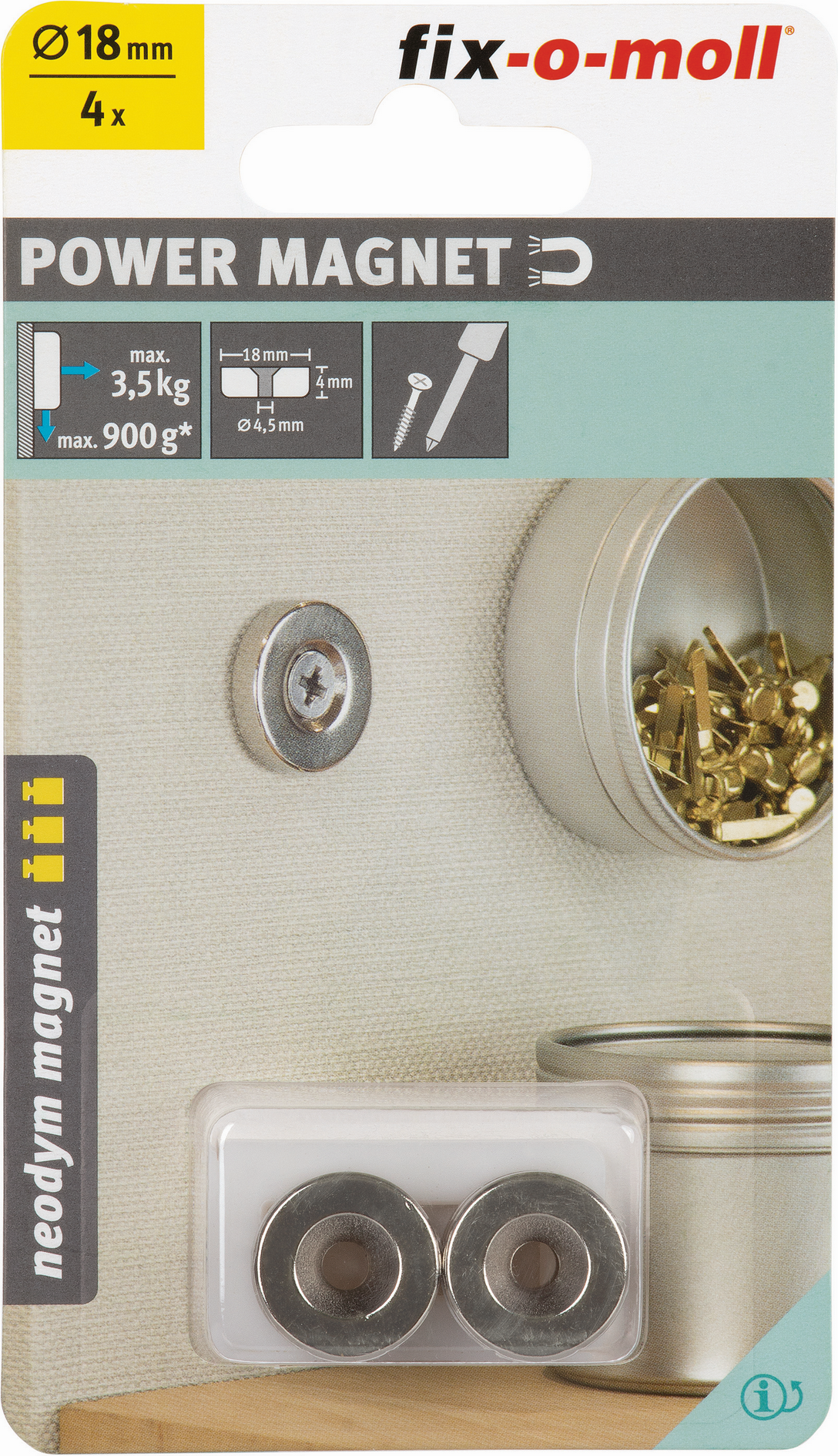Fix-o-moll Magnet 'Neodym' silbern Senkbohrung Ø 18 x 4 mm, 4 Stück