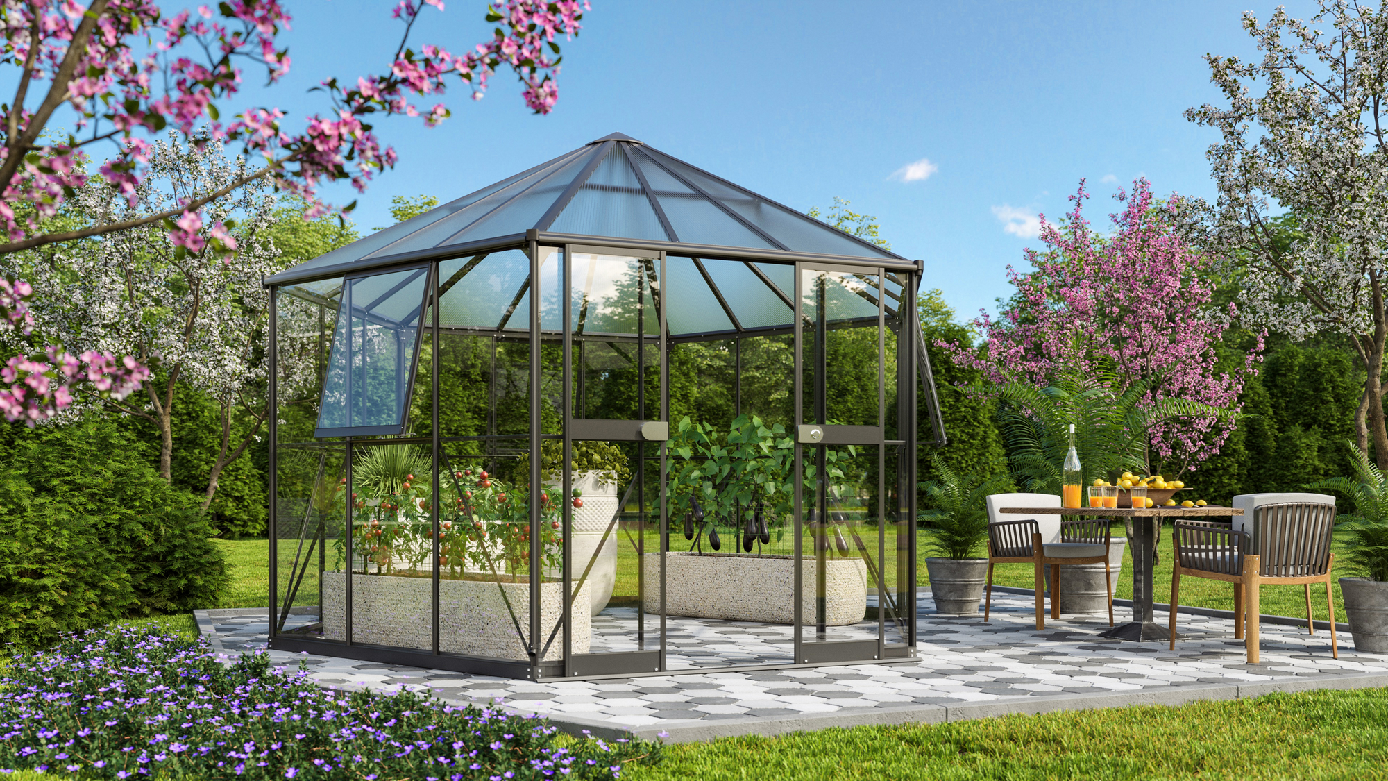 Thumbnail - Vitavia Gewächshaus 'Galaxis 9000' 383 x 336 cm mit 3 mm Sicherheitsglas/6 mm Hohlkammerplatten schwarz