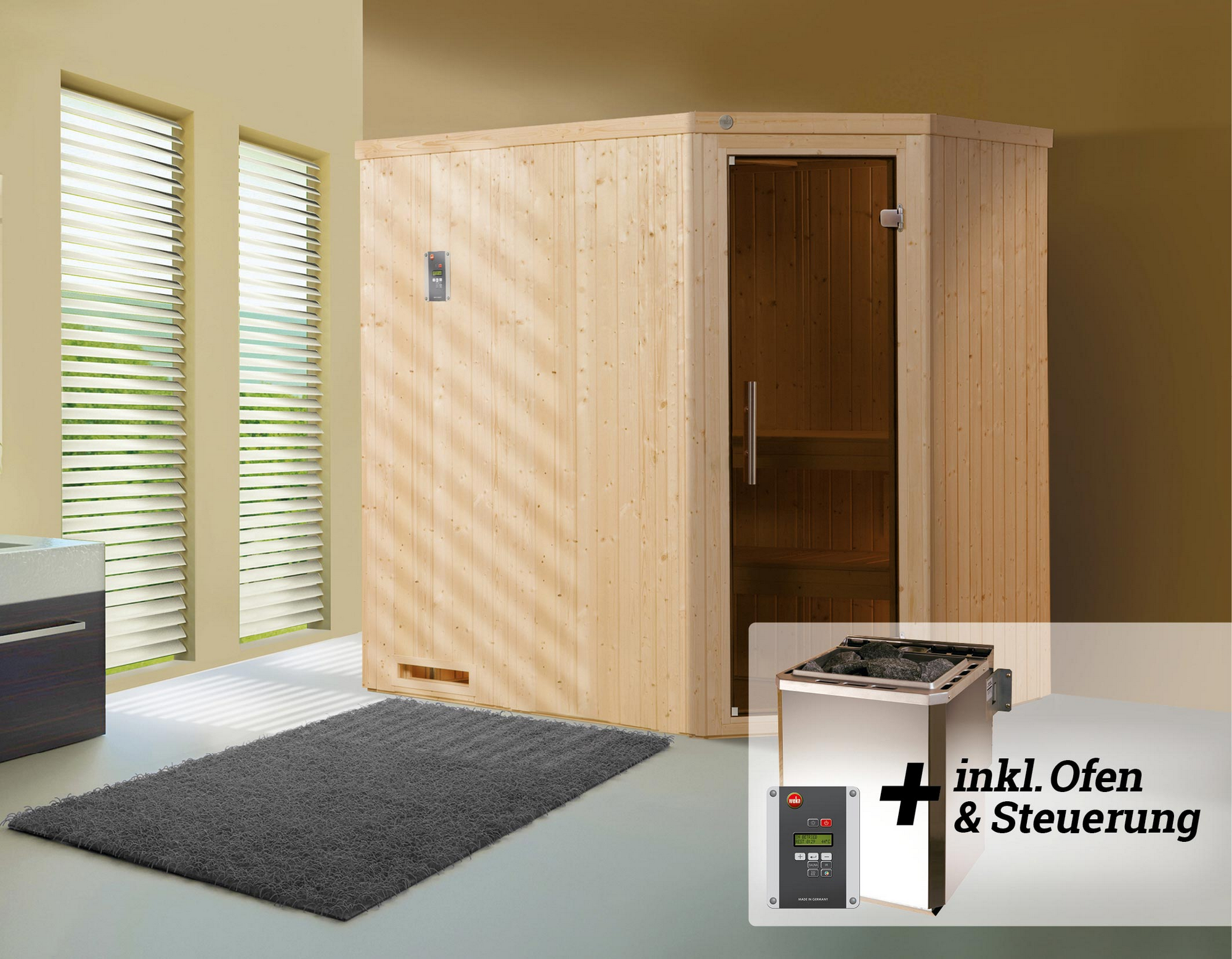 Weka Elementsauna 'Varberg 1 Eck' mit 7,5 kW BioS-Ofenset, Steuerung, Glastür 192 x 142 x 199 cm