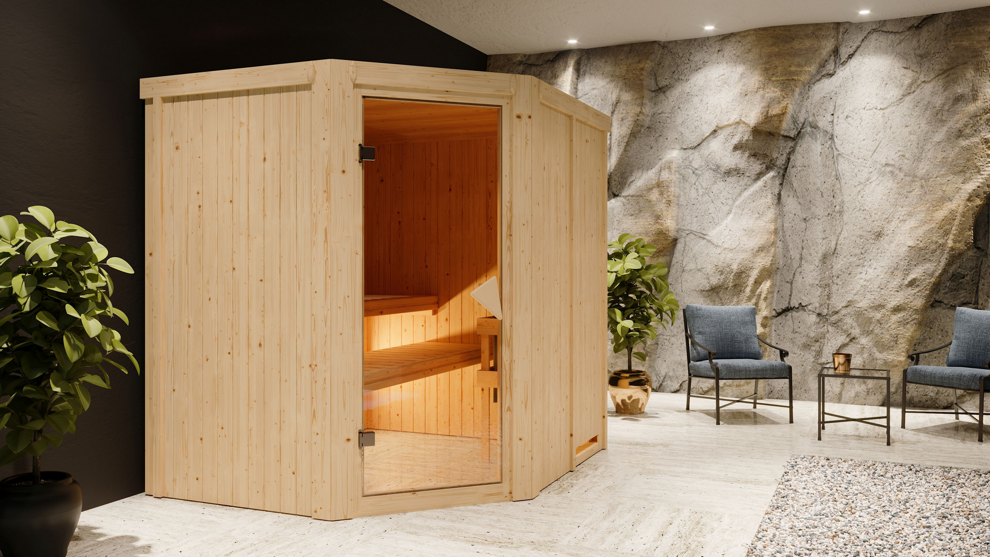 Karibu Elementsauna 'Alena' naturbelassen mit bronzierter Tür 9 kW Ofen Edelstahl externe Steuerung Easy 196 x 170 x 198...