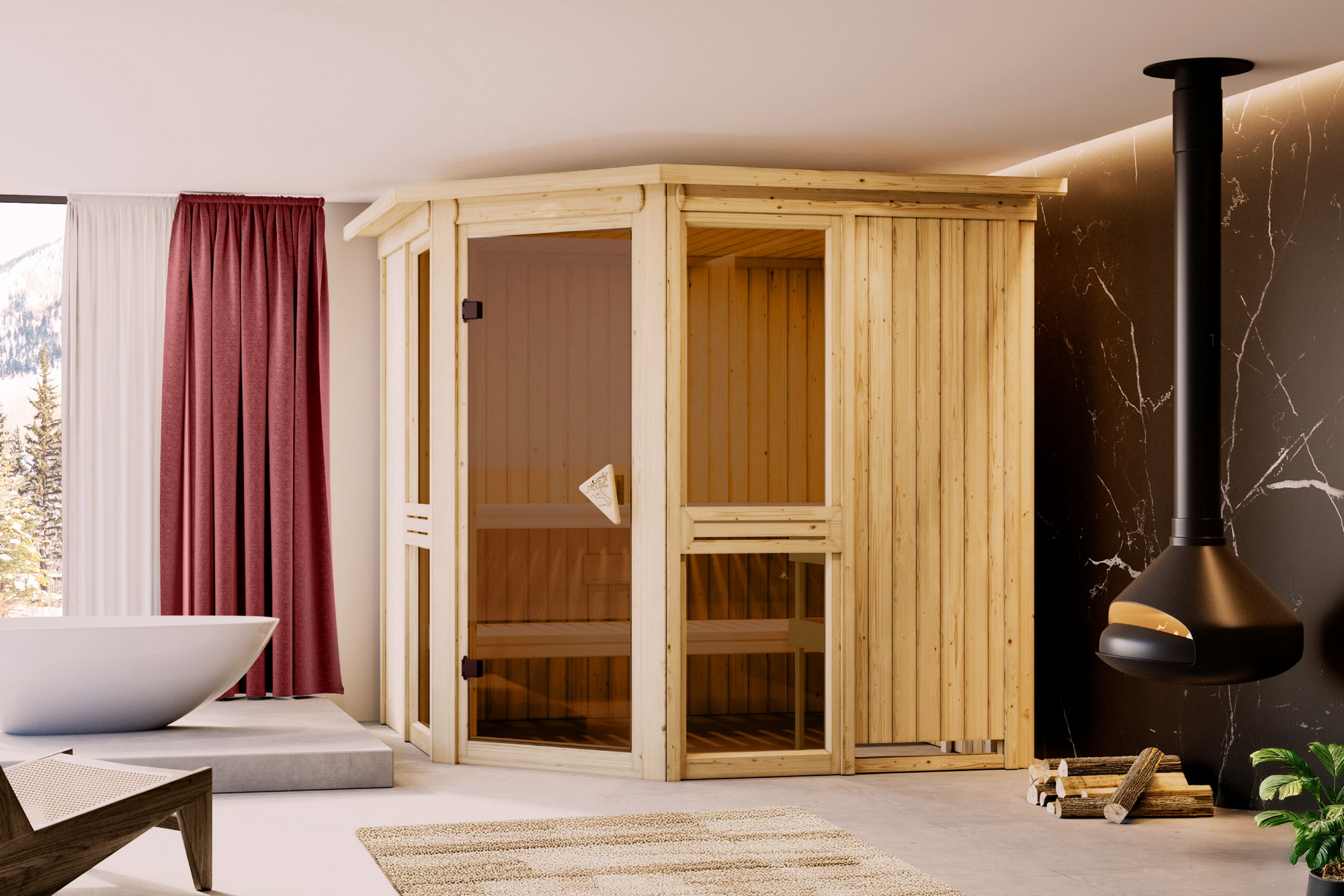 Karibu Sauna 'Ana 2' naturbelassen mit Kranz Ofen 9 kW externe Steuerung 210 x 202 x 210 cm