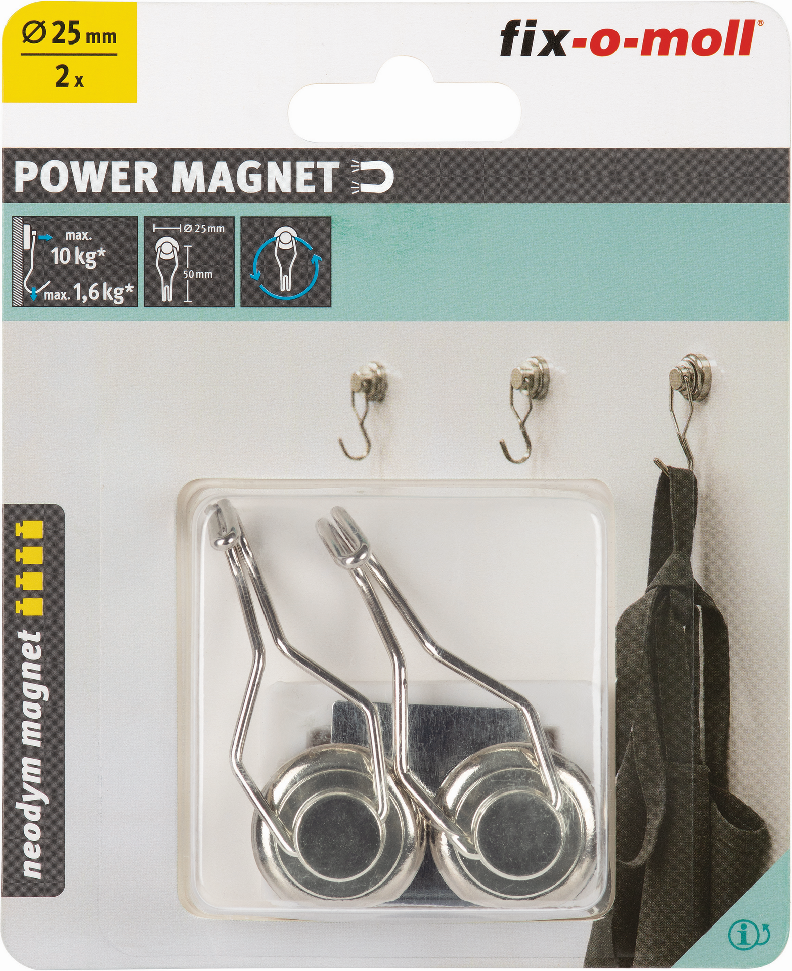 Fix-o-moll Topfmagnet 'Neodym' silbern drehbarer Haken Ø 25 x 50 mm, 2 Stück
