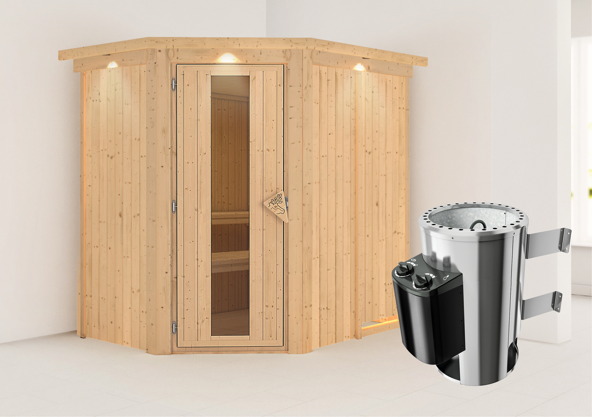Karibu Elementsauna 'Carlota' naturbelassen mit Kranz und Energiespartür 3,6 kW Ofen integrierte Steuerung 165 x 210 x 2...