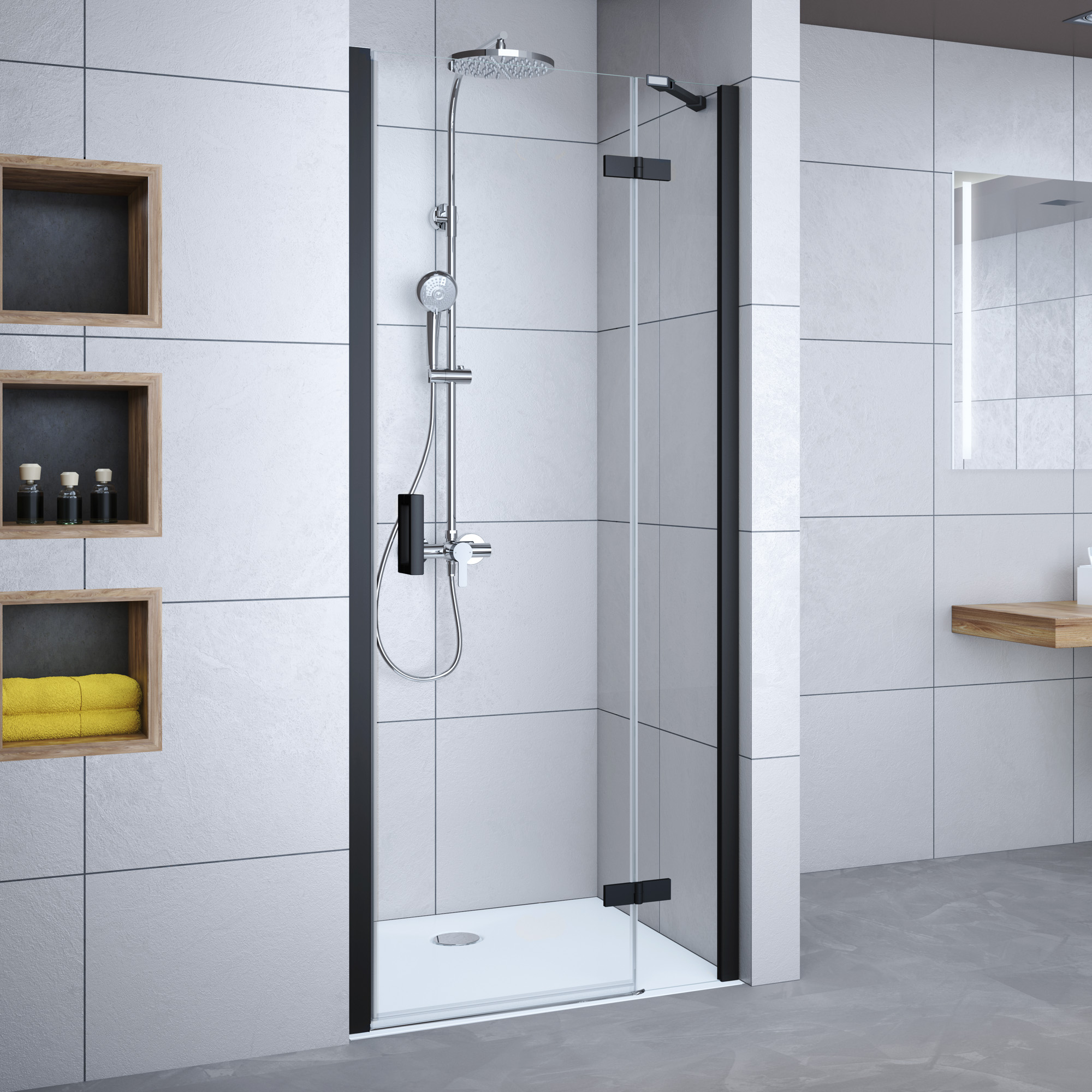 Thumbnail - Breuer Drehtür 'Panorama' mit Festteil, für Nische, rechts, teilgerahmt, schwarz-matt, 90 x 200 cm