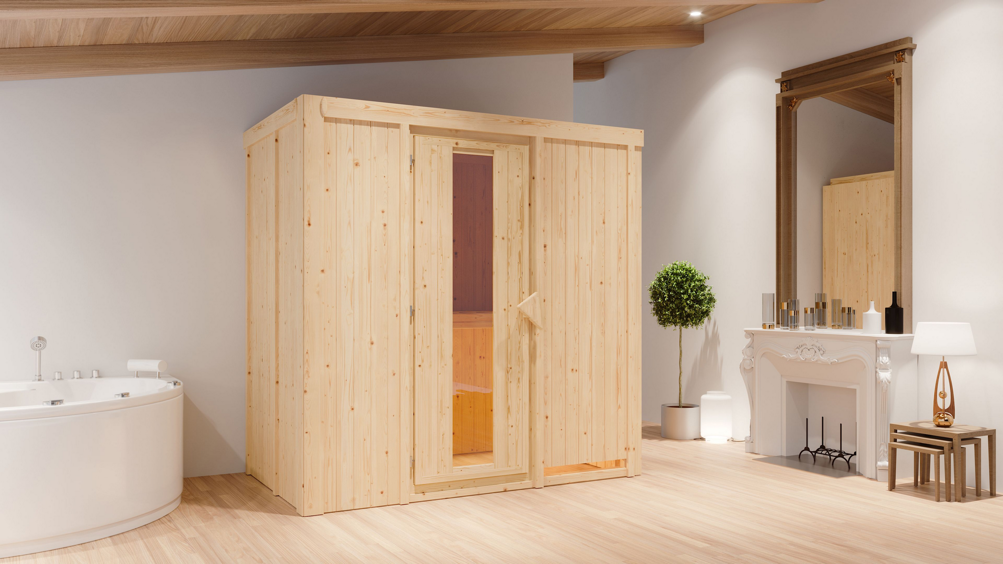 Karibu Elementsauna 'Aina' naturbelassen mit Energiespartür 9 kW Ofen integrierte Steuerung 196 x 118 x 198 cm
