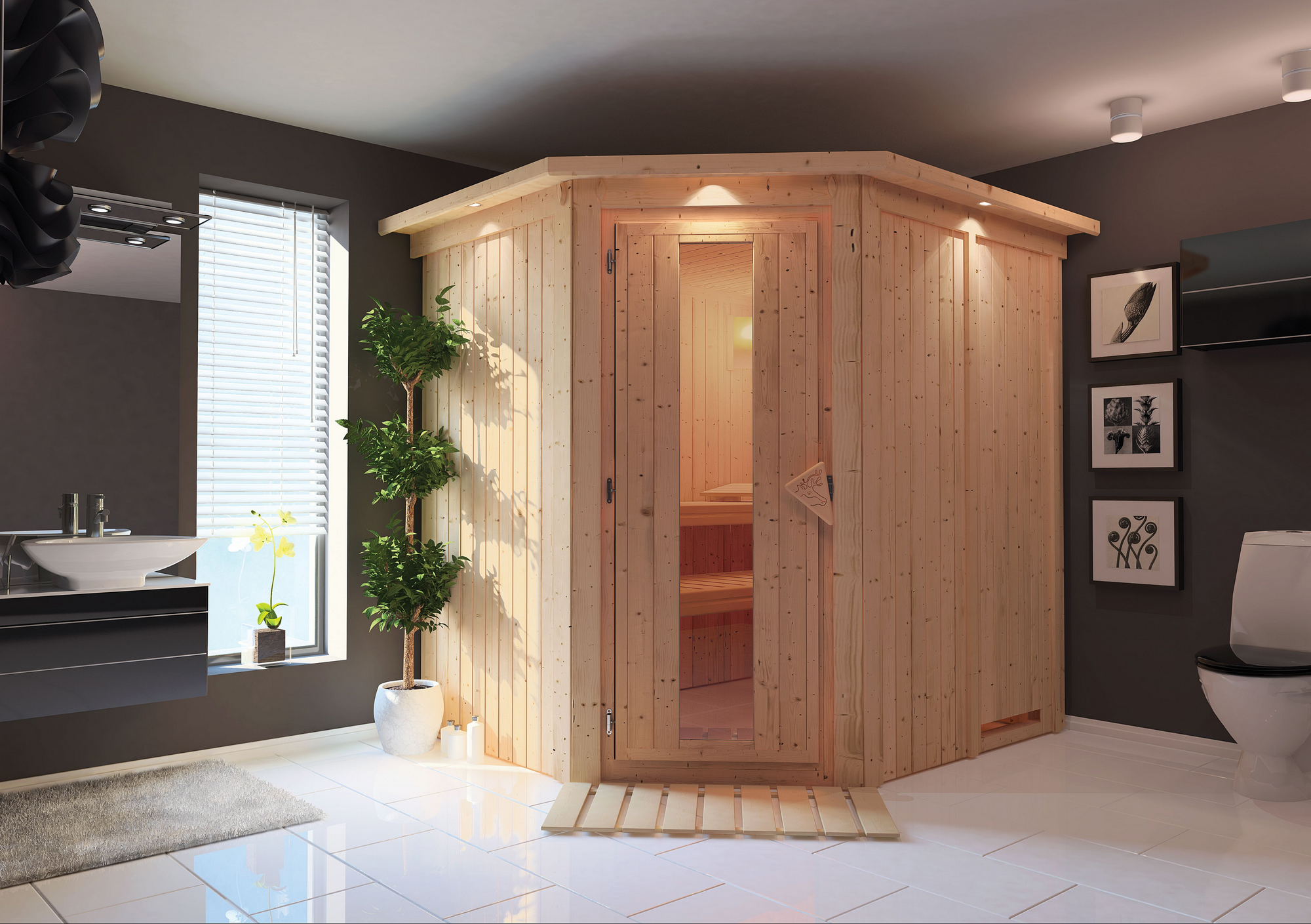 Karibu Elementsauna 'Alena' naturbelassen mit Kranz und Energiespartür 210 x 184 x 202 cm