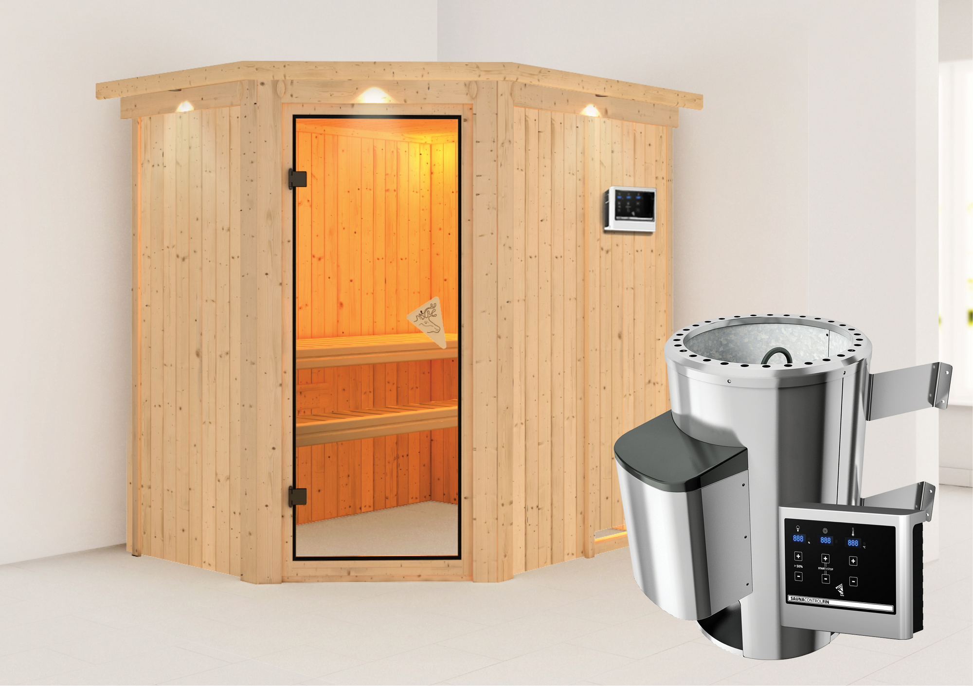 Karibu Elementsauna 'Carlota' naturbelassen mit Kranz und bronzierter Tür 3,6 kW Ofen externe Steuerung Easy 165 x 210 x...