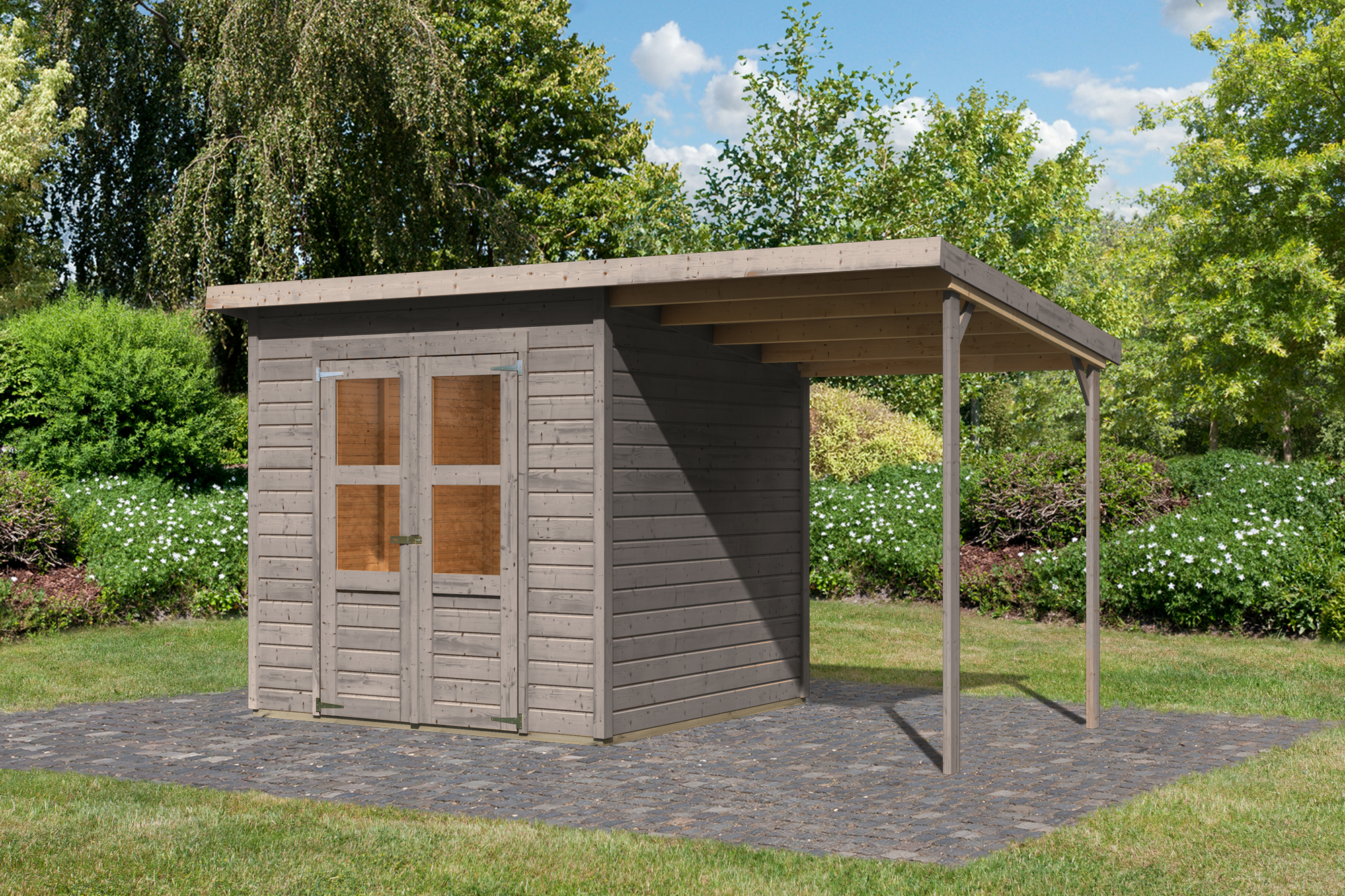 Karibu Gartenhaus-Set 'Berseburg 4' Fichtenholz vorvergraut mit Anbaudach 370 x 219 x 214 cm