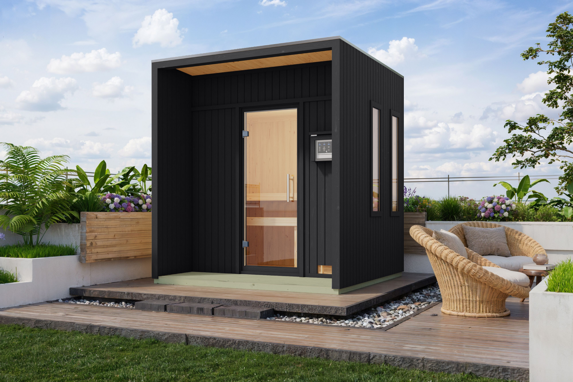 Karibu Saunahaus 'Orcadia' schwarz Ofen 9 kW Bio externe Steuerung 219,5 x 244 x 216,5 cm