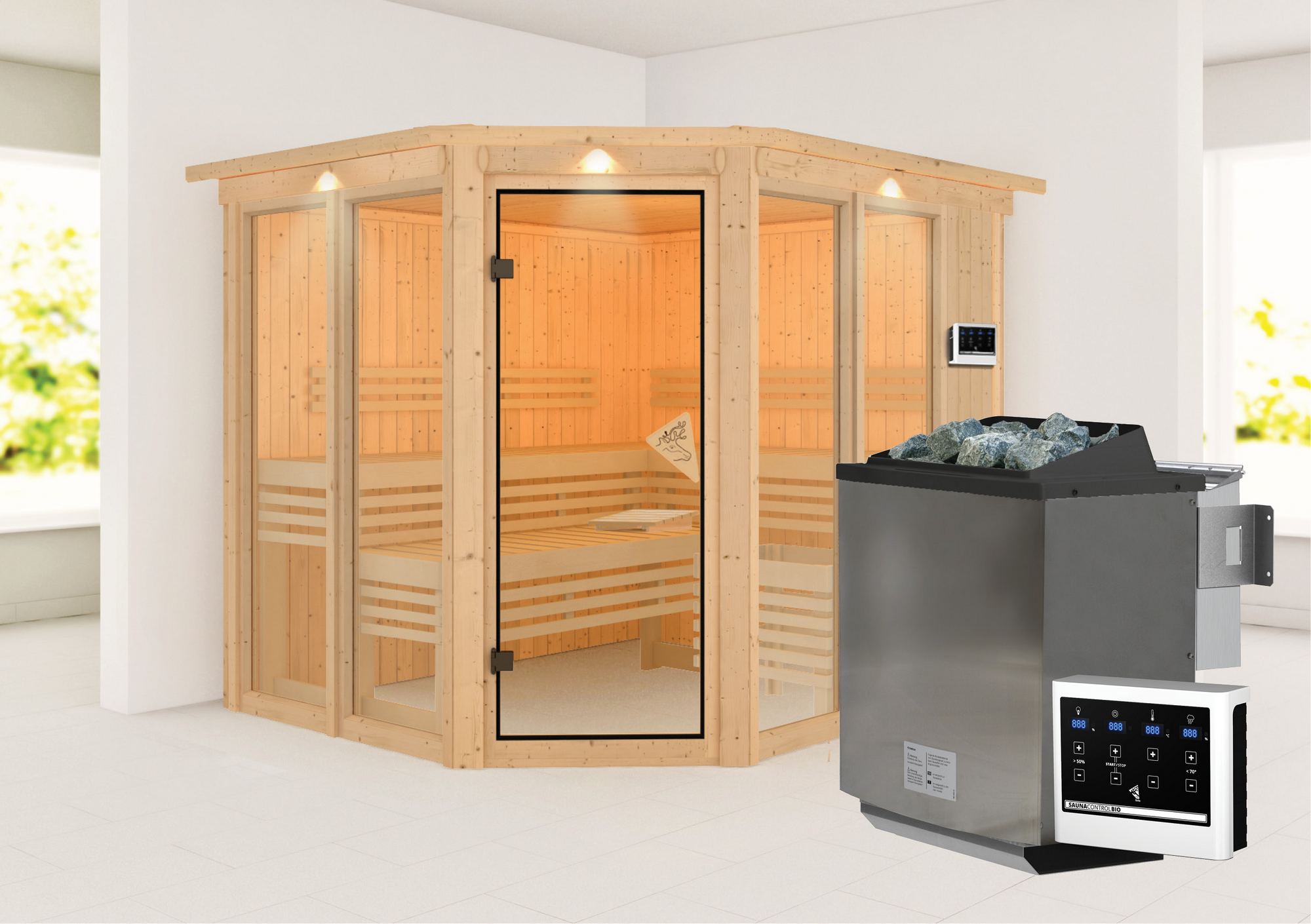 Karibu Sauna 'Ariadna 3' naturbelassen mit Kranz und bronzierter Tür 9 kW Bio-Ofen mit externe Steuerung 245 x 210 x 202...