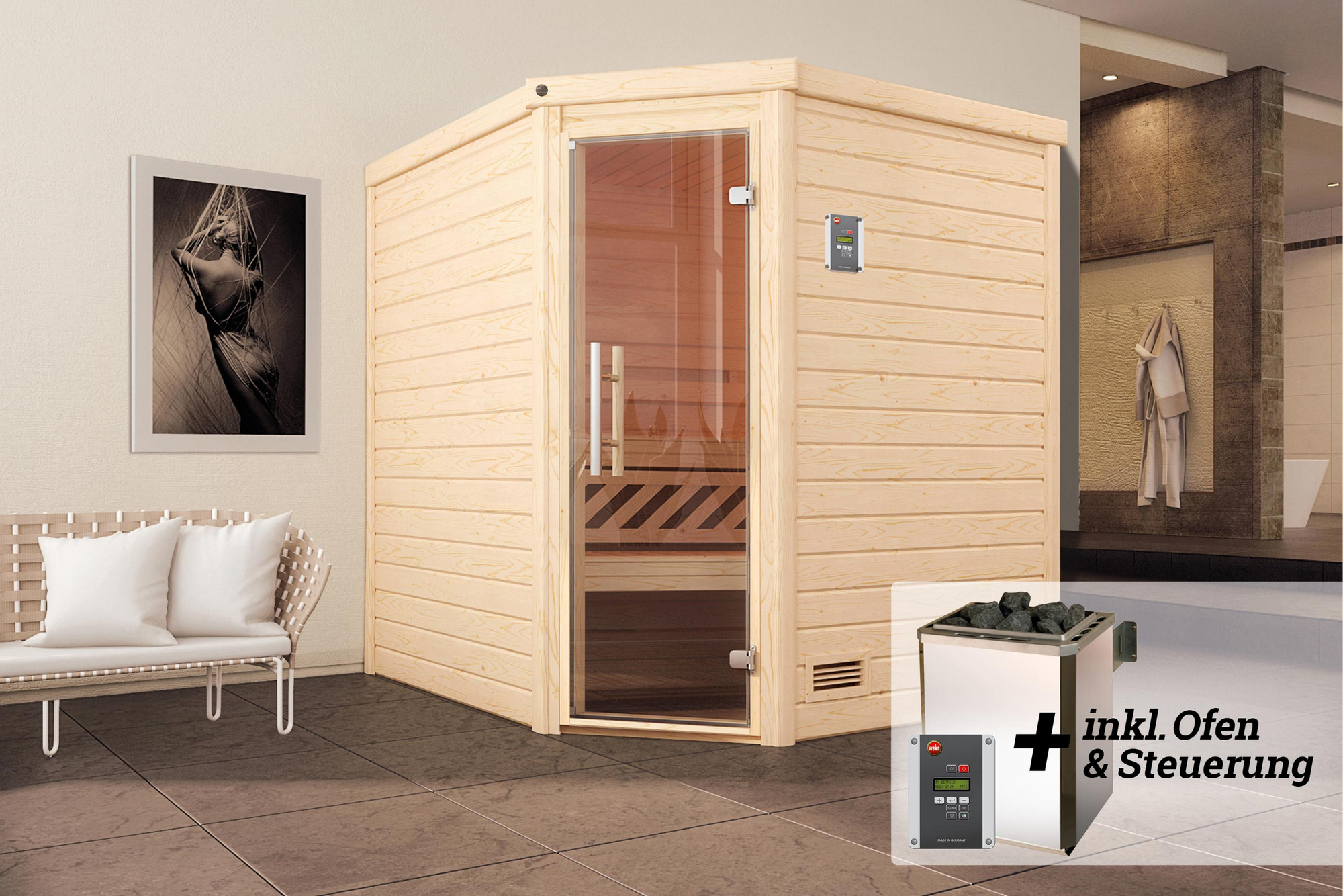Thumbnail - Weka Premium-Massivholzsauna 'Turku 2 Eck' mit 7,5 kW OS-Ofenset, Steuerung, Glastür 188 x 188 x 205 cm