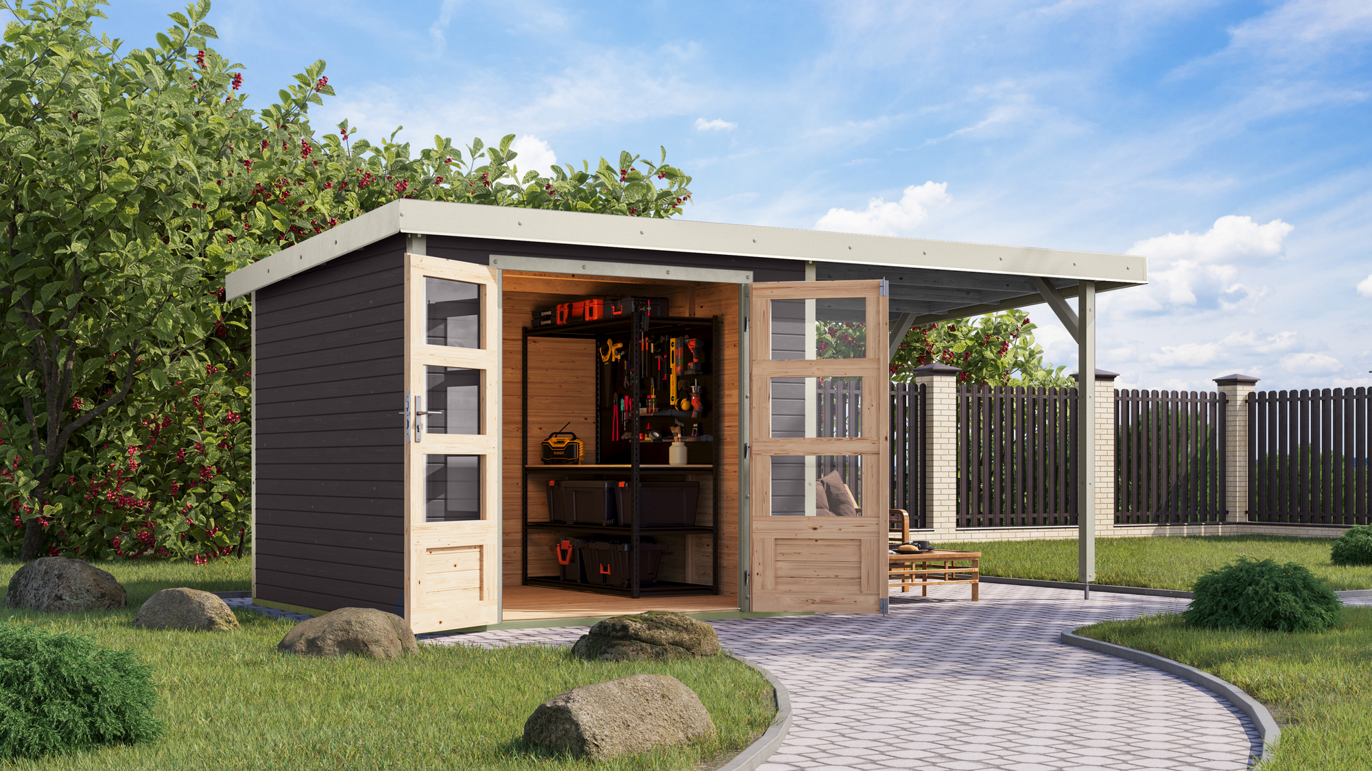 Karibu Gartenhaus-Set 'Komet 3,5 B' Fichtenholz terragrau / weiß mit Anbaudach 2,35 m breit 454,5 x 209 x 242,5 cm