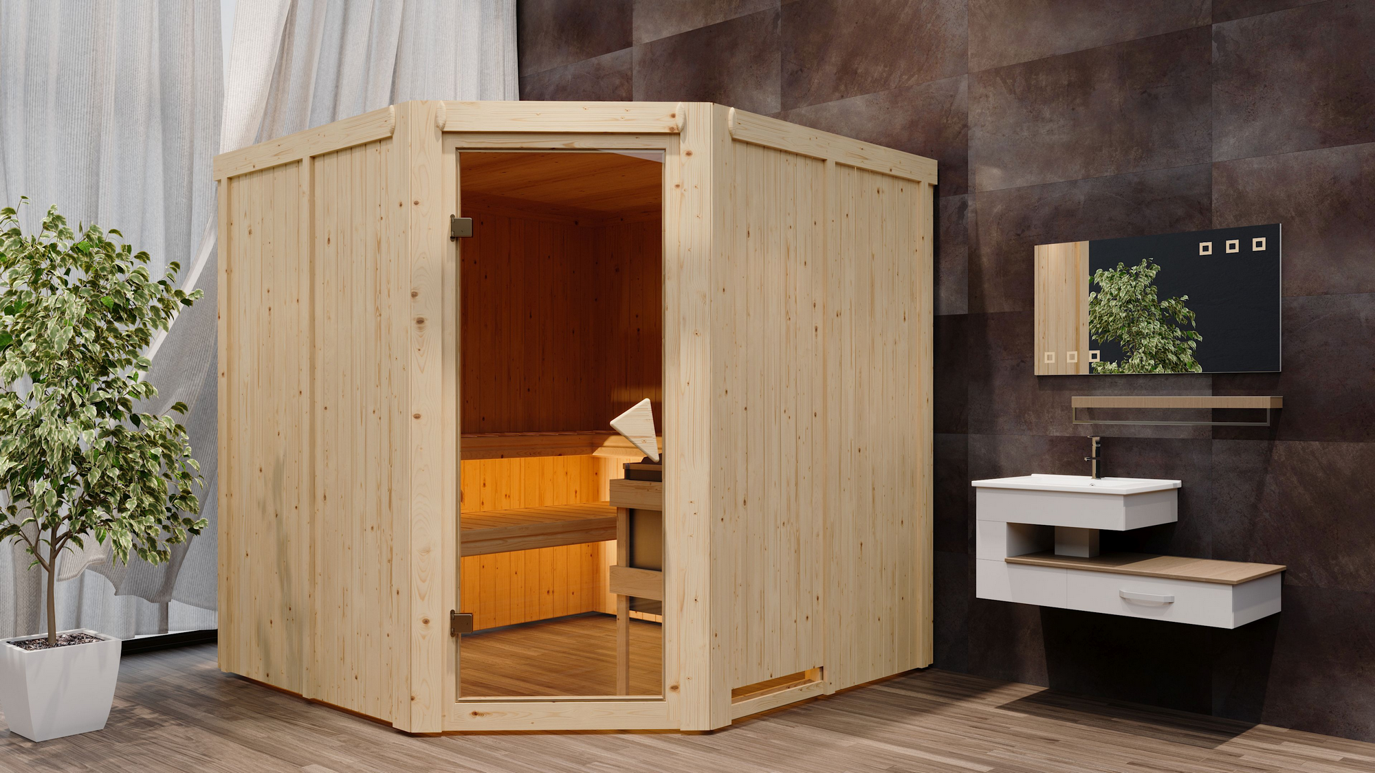 Karibu Elementsauna 'Alicia' naturbelassen 9 kW Bio-Ofen Edelstahl externe Steuerung Easy 196 x 196 x 198 cm