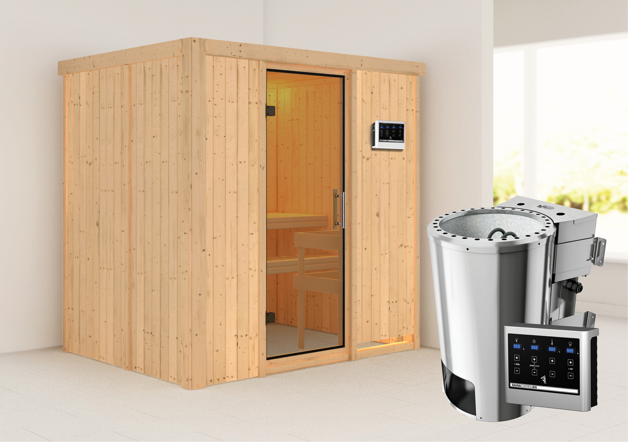 Karibu Elementsauna 'Carla' naturbelassen mit Klarglastür 3,6 kW Bio-Ofen externe Steuerung Easy 196 x 151 x 198 cm