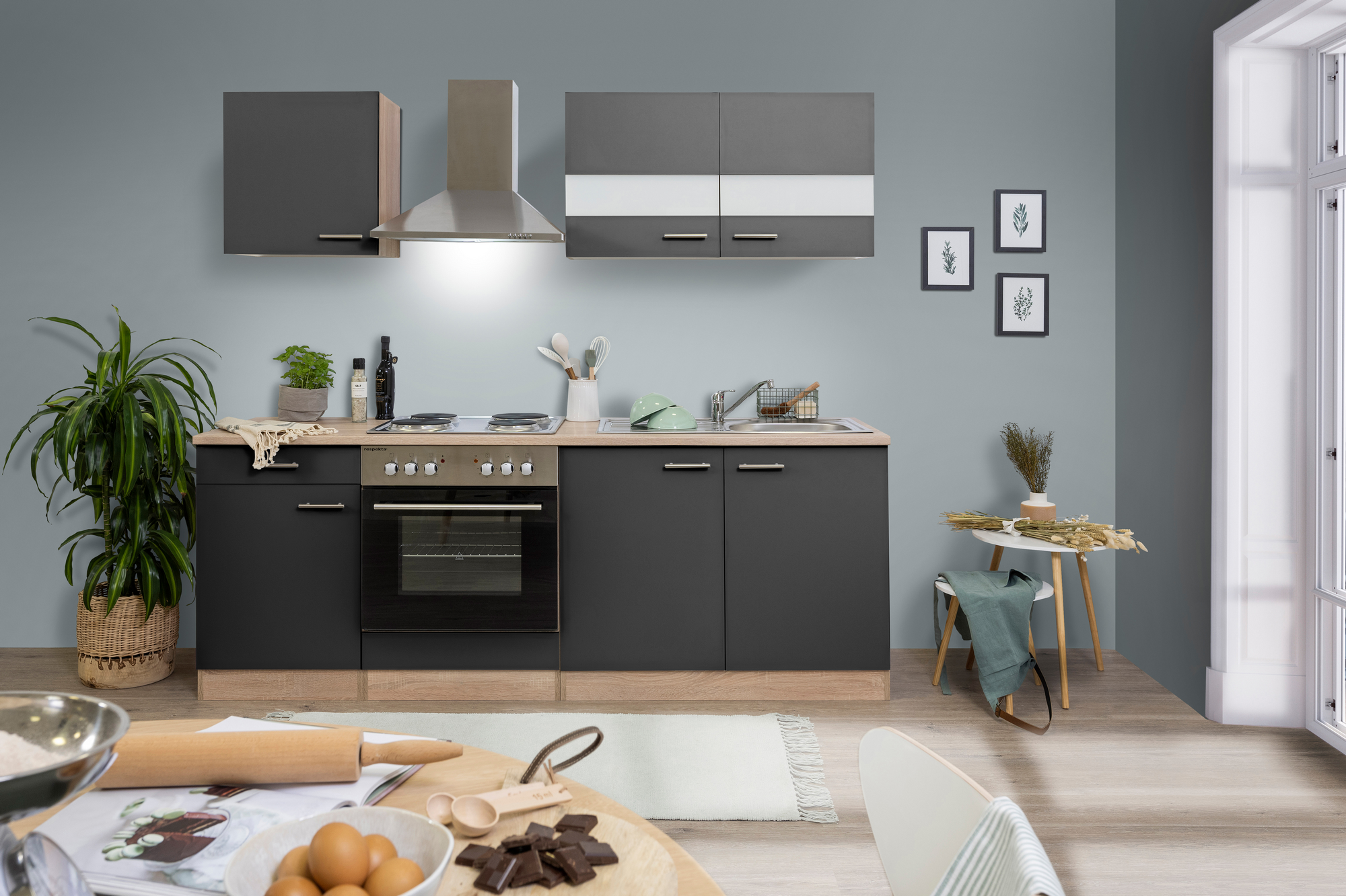 Respekta Küchenzeile 'Merle' mit E-Gräten KB210ESG grau/eichefarben 210 cm