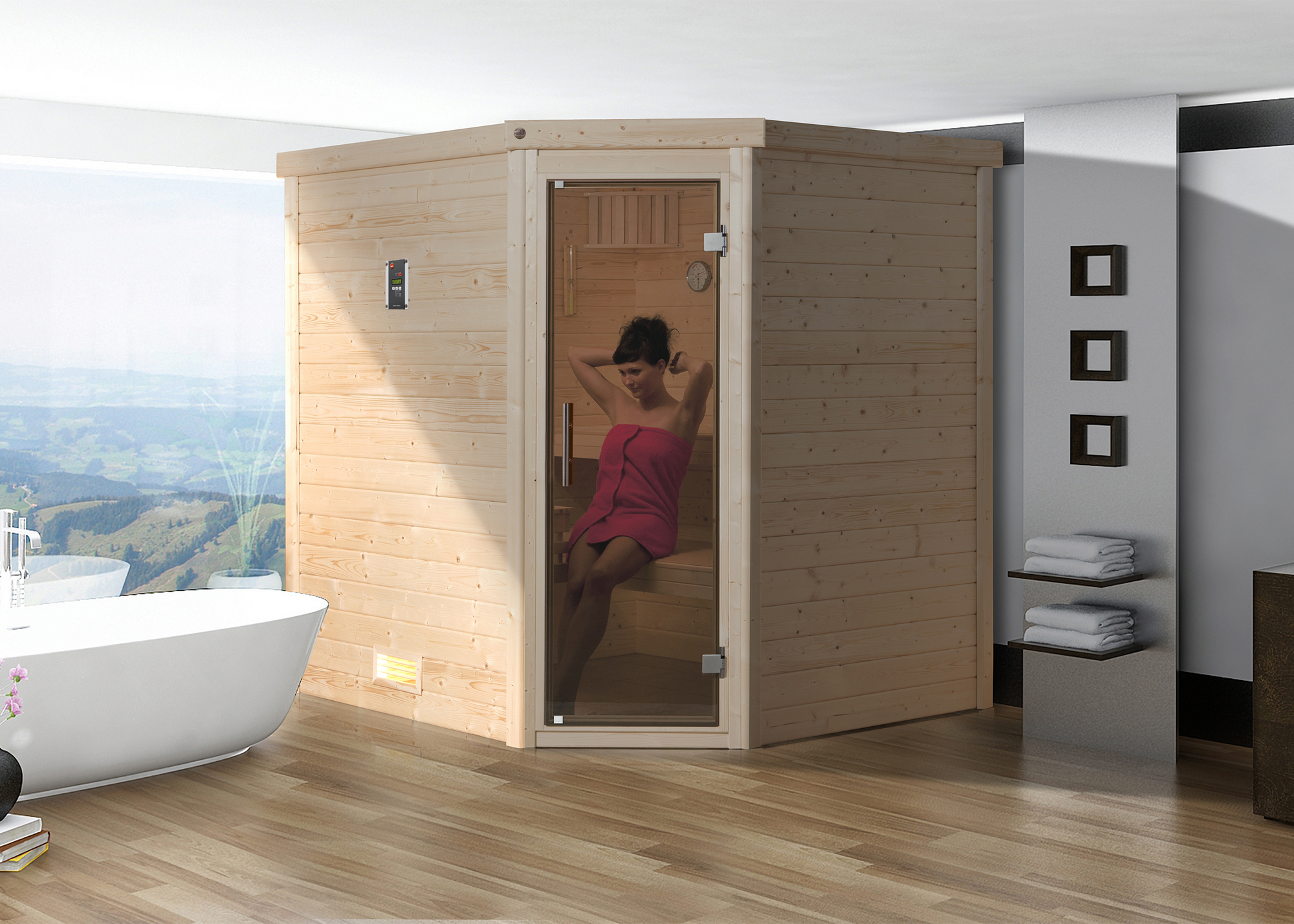 Weka Premium-Massivholzsauna 'Turku 1' 195 x 178 x 205 cm mit Glastür, Leuchtenset und 7,5 kW BioS-Ofenset