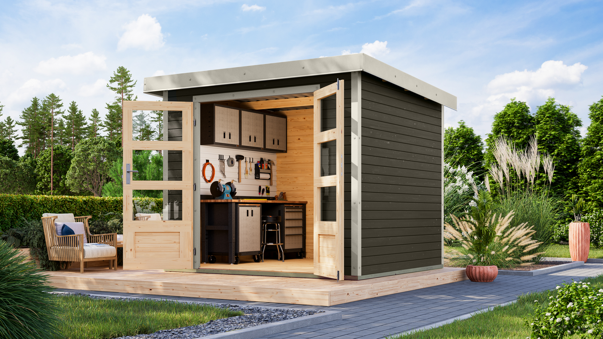 Karibu Gartenhaus 'Komet 3 B' Fichtenholz terragrau / weiß 238,5 x 209 x 213,5 cm