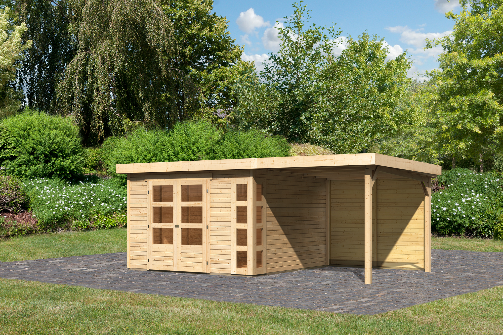 Karibu Gartenhaus-Set 'Terko 6' naturbelassen mit Anbaudach und Rückwand 334 x 216 x 331 cm