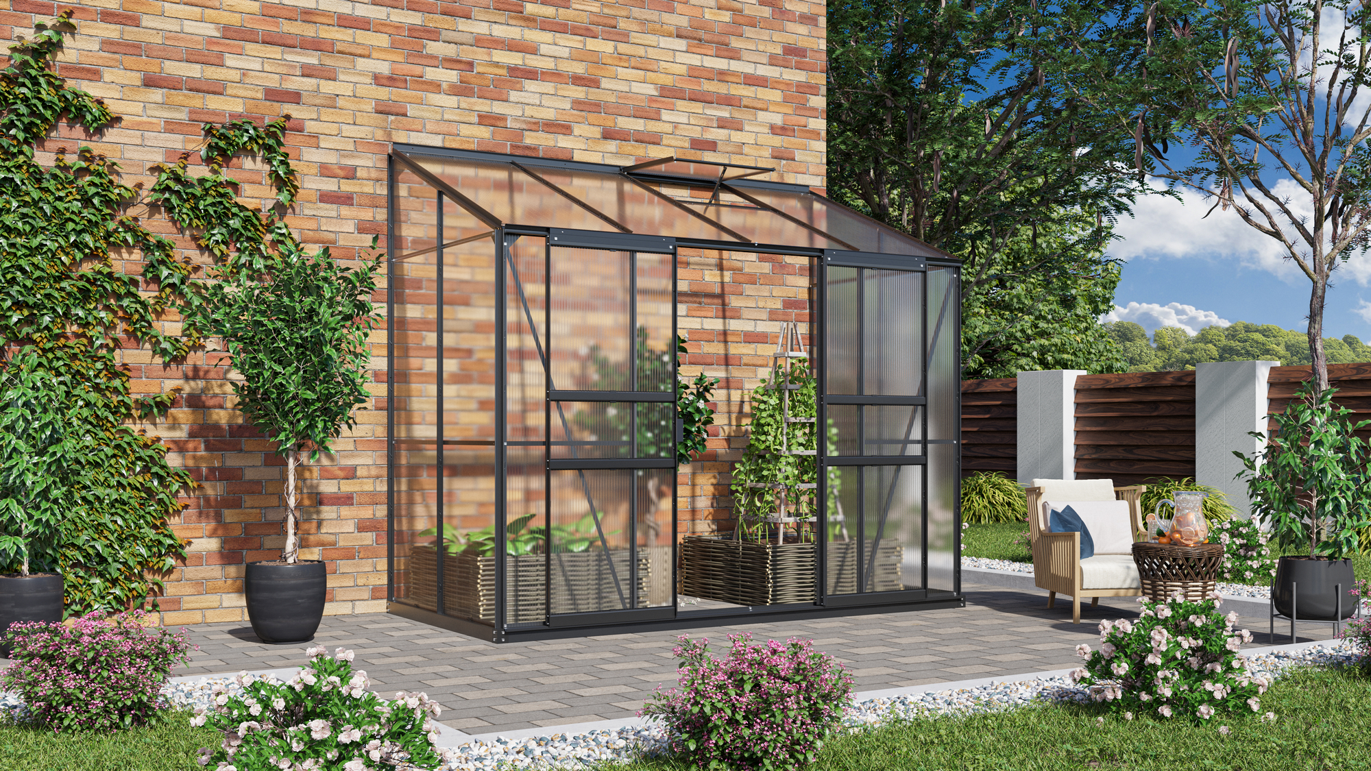 Thumbnail - Vitavia Anlehngewächshaus 'Ida 3300' 128 x 254 cm mit 4 mm Hohlkammerplatten schwarz