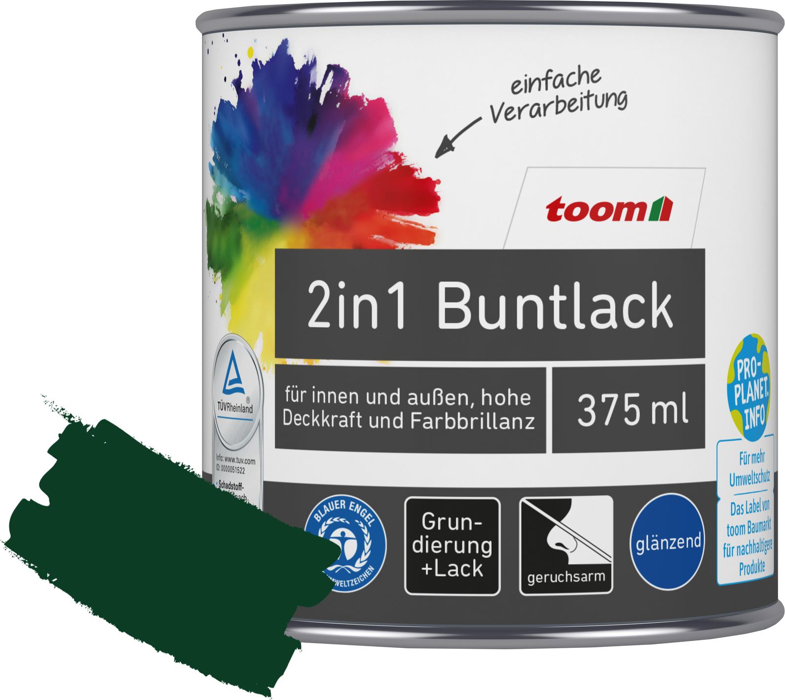 toom 2in1 Buntlack 'Morgentau' moosgrün glänzend 375 ml