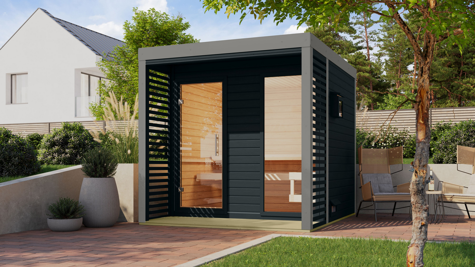 Karibu Saunahaus 'Aressa 2' anthrazit / graualuminium 231 x 231,5 x 276 cm