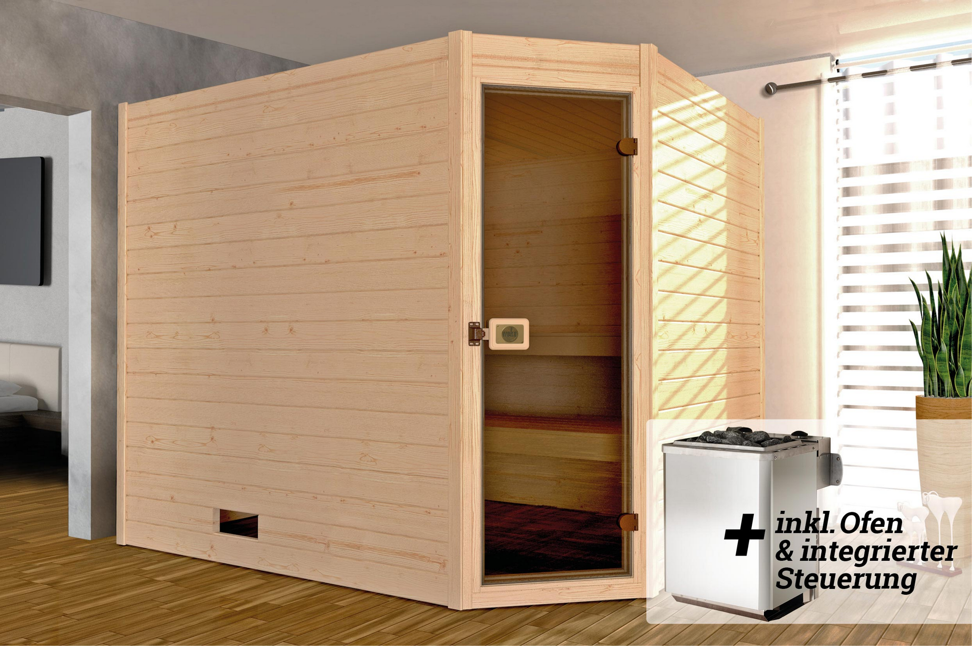 Weka Massivholz-Sauna 'Valida 4 Eck' mit 9 kW K-Ofenset, integrierter Steuerung, Glastür 237 x 187 x 203,5 cm