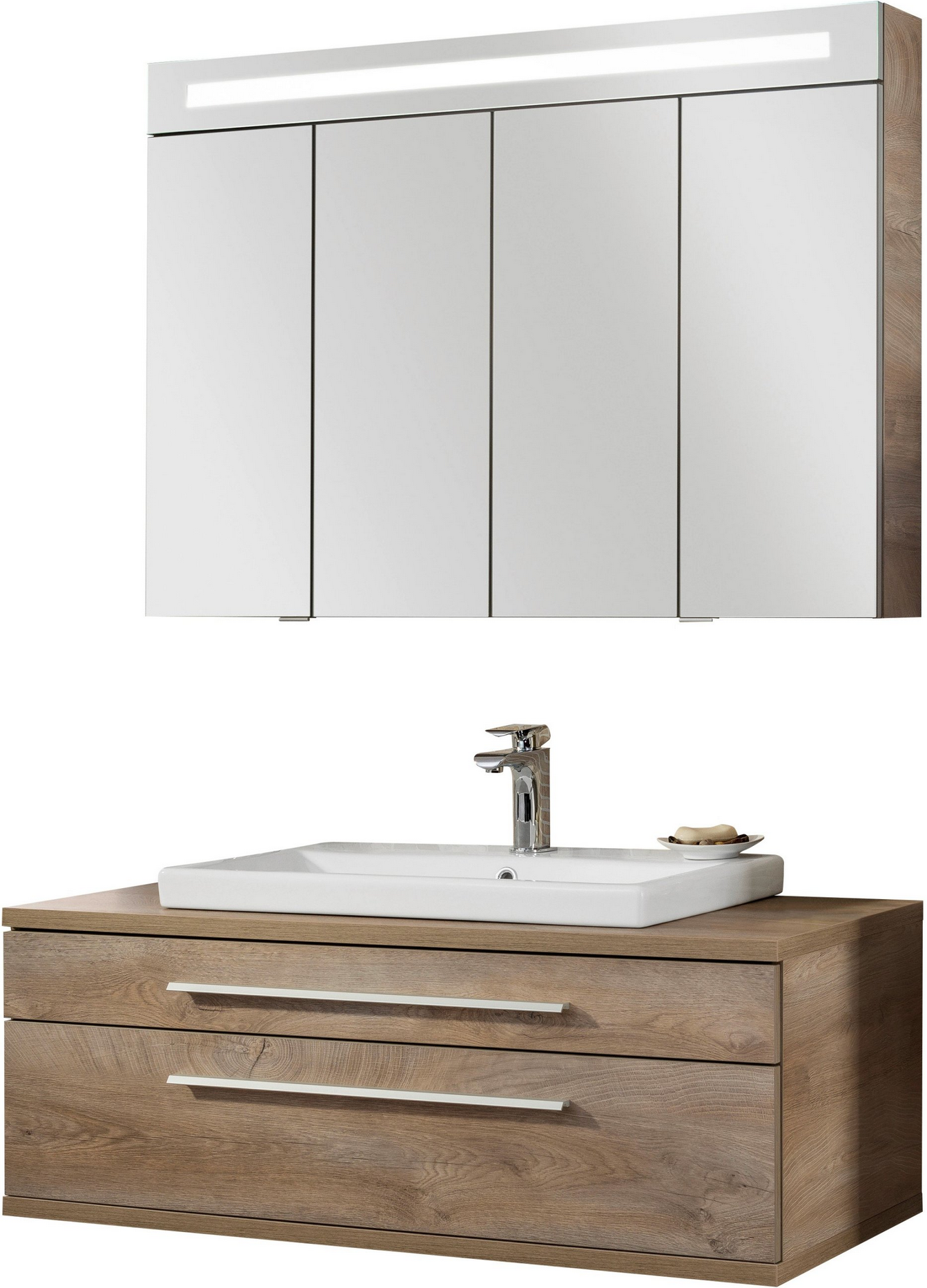 Fackelmann Badmöbelset 'STANFORD' Spiegelschrank und Waschbecken mit Unterschrank weiß/nature oak