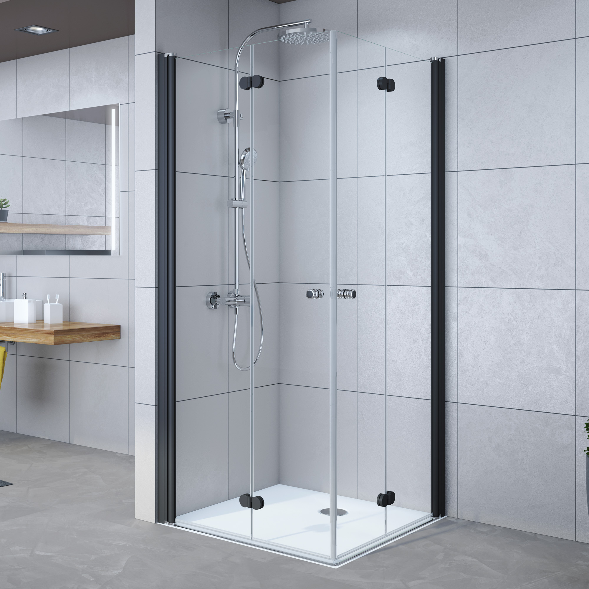 Thumbnail - Breuer Eckeinstieg 'Elana Komfort' Drehfalttür, teilgerahmt, schwarz-matt, 90 x 200 x 80 cm, 4-teilig