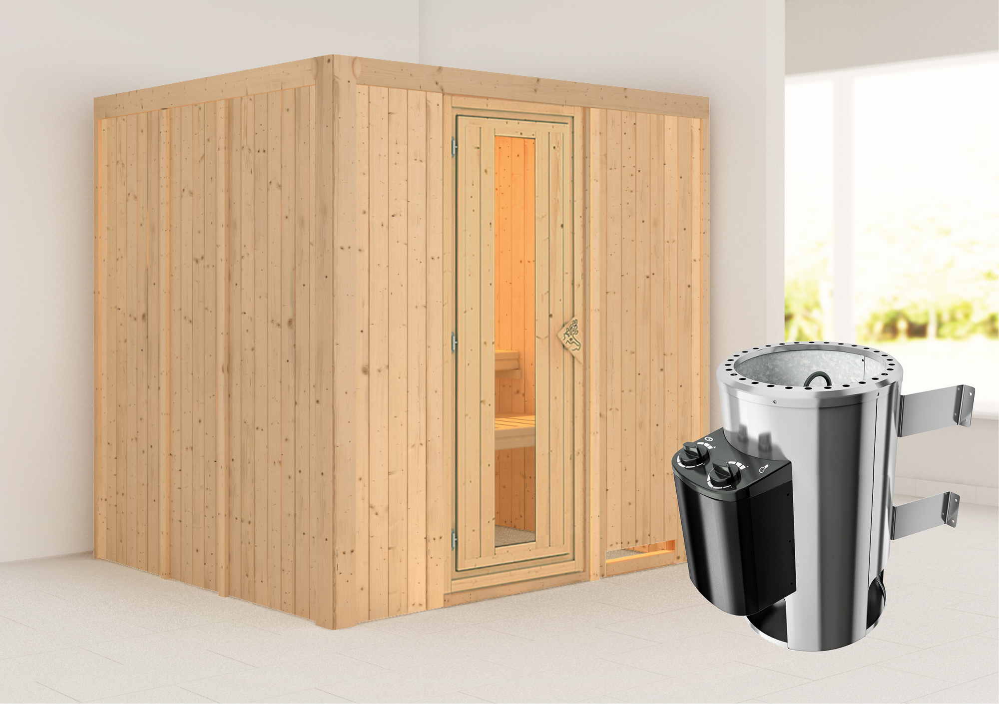 Karibu Elementsauna 'Carmen' naturbelassen mit Energiespartür 3,6 kW Ofen integrierte Steuerung 196 x 170 x 198 cm