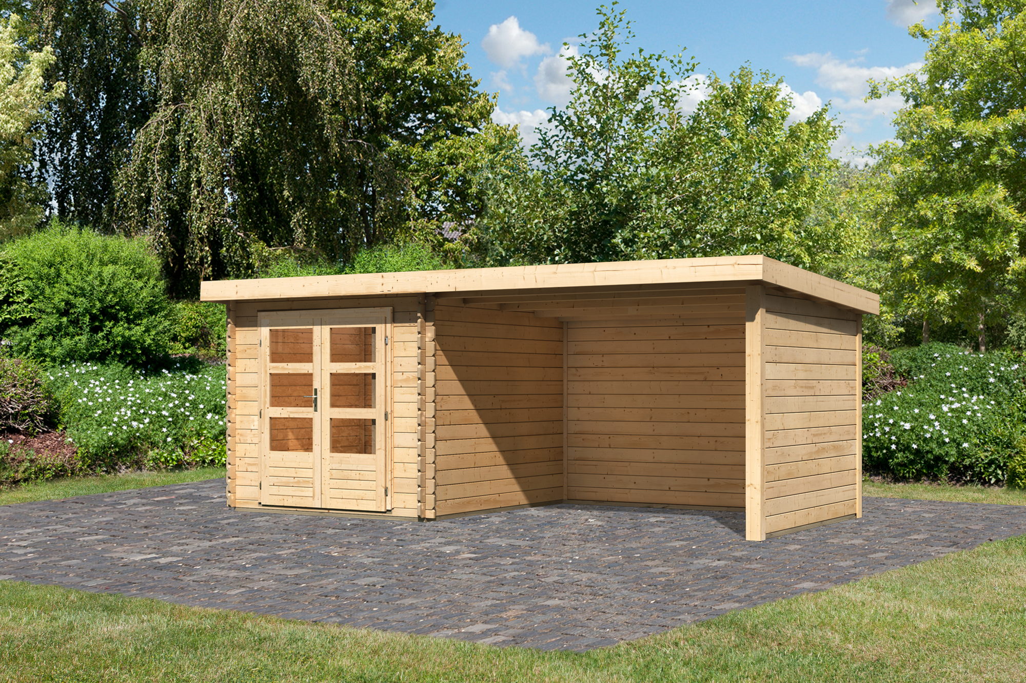 Karibu Gartenhaus-Set 'Kastrup 4' naturbelassen mit Anbaudach, Seiten- und Rückwand 554 x 222 x 333 cm