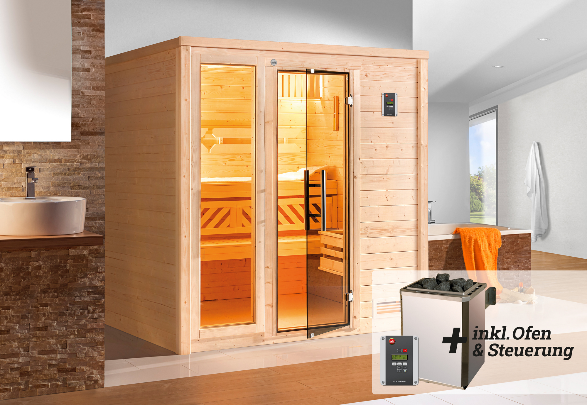 Thumbnail - Weka Premium-Massivholzsauna 'Bergen 1.8' mit 7,5 kW OS-Ofenset, Steuerung, Glastür, Fenster 188 x 171 x 205 cm