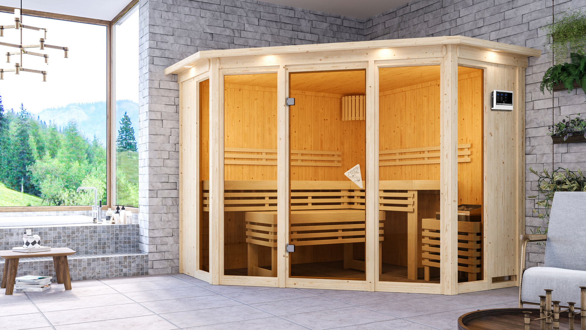 Karibu Sauna 'Aurelia 2' naturbelassen mit Kranz und bronzierter Tür 9 kW Ofen externe Steuerung 245 x 245 x 202 cm