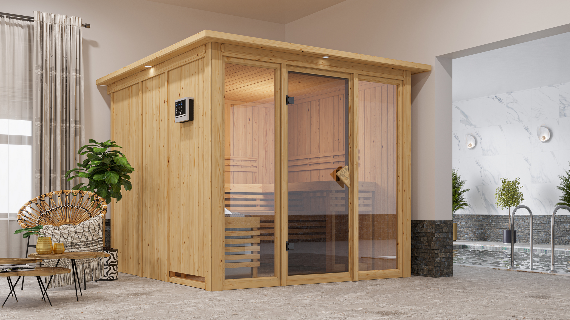 Karibu Elementsauna 'Arabella' naturbelassen mit Kranz bronzierter Tür und Glasfront 9 kW Ofen integrierte Steuerung 240...