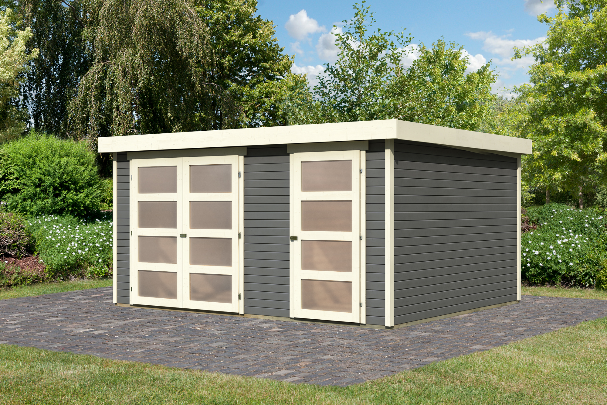 Karibu Gartenhaus 'Tühlentrup3' terragrau 428 x 212 x 351,5 cm