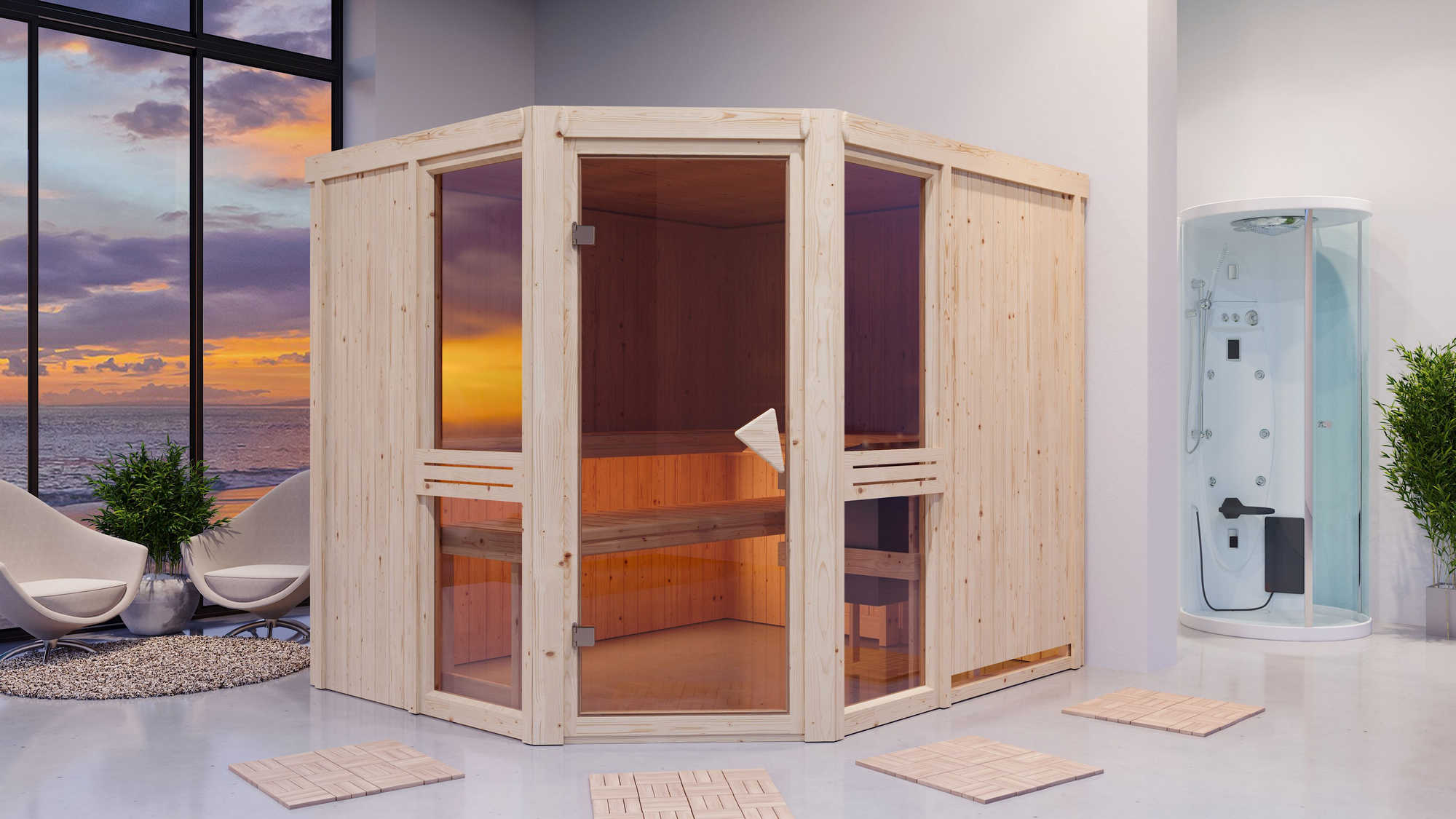 Karibu Elementsauna 'Ana 3' naturbelassen mit bronzierter Tür 9 kW Ofen externe Steuerung Easy 231 x 196 x 198 cm