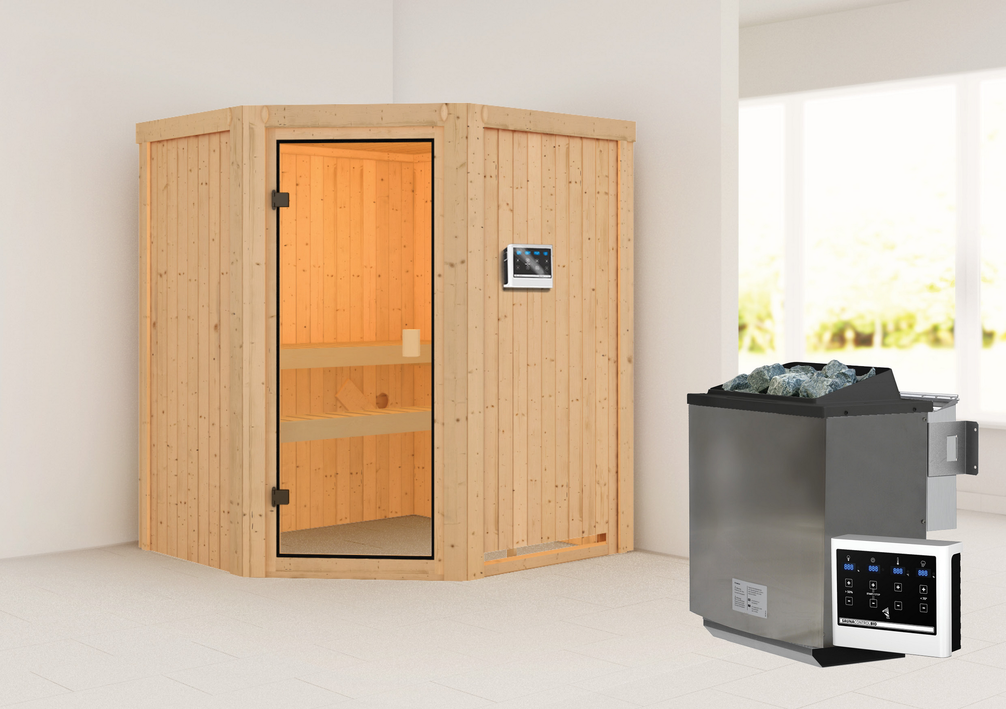 Karibu Elementsauna 'Beatriz' naturbelassen 9 kW Bio-Ofen mit externe Steuerung 170 x 151 x 198 cm